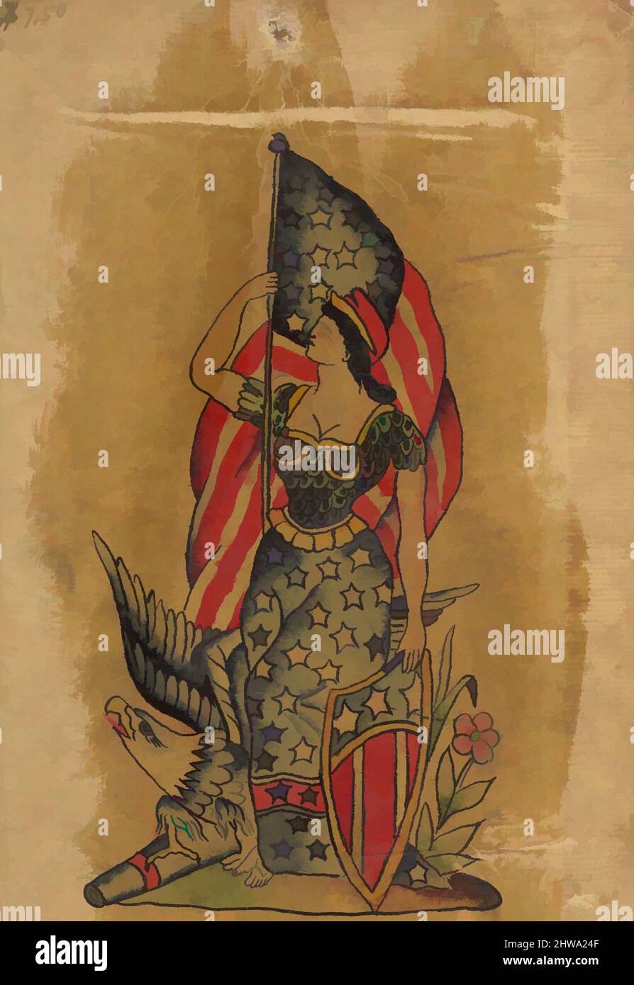 Kunst inspiriert von Zeichnungen und Druckgrafiken, Zeichnungen Ephemera, Tattoo Design representing 'America', Artist, Clark & Sellers, American, Classic Works modernisiert von Artotop mit einem Schuss Moderne. Formen, Farbe und Wert, auffällige visuelle Wirkung auf Kunst. Emotionen durch Freiheit von Kunstwerken auf zeitgemäße Weise. Eine zeitlose Botschaft, die eine wild kreative neue Richtung verfolgt. Künstler, die sich dem digitalen Medium zuwenden und die Artotop NFT erschaffen Stockfoto