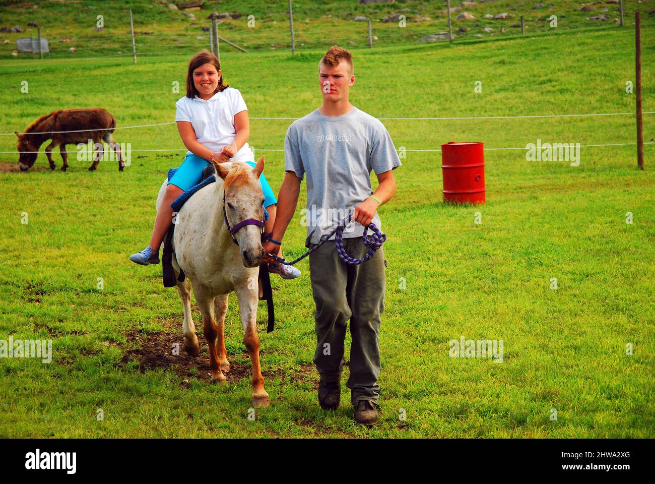 Ein junges Mädchen macht einen Eselritt auf einer Farm Stockfoto