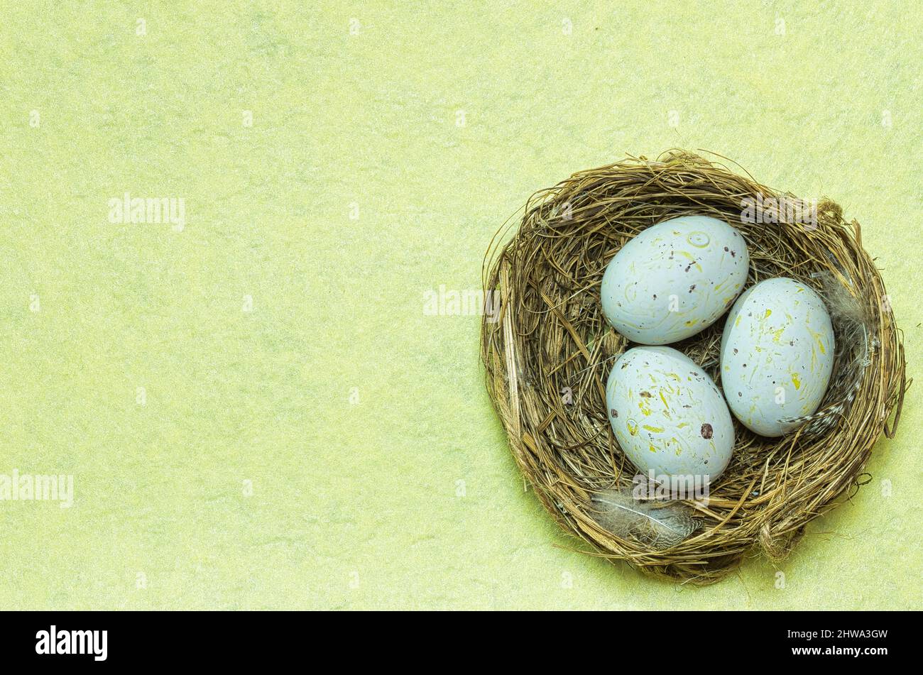 Gelber Hintergrund mit Nest und Eiern, kann ein Wunsch für Frohe Ostern sein Stockfoto