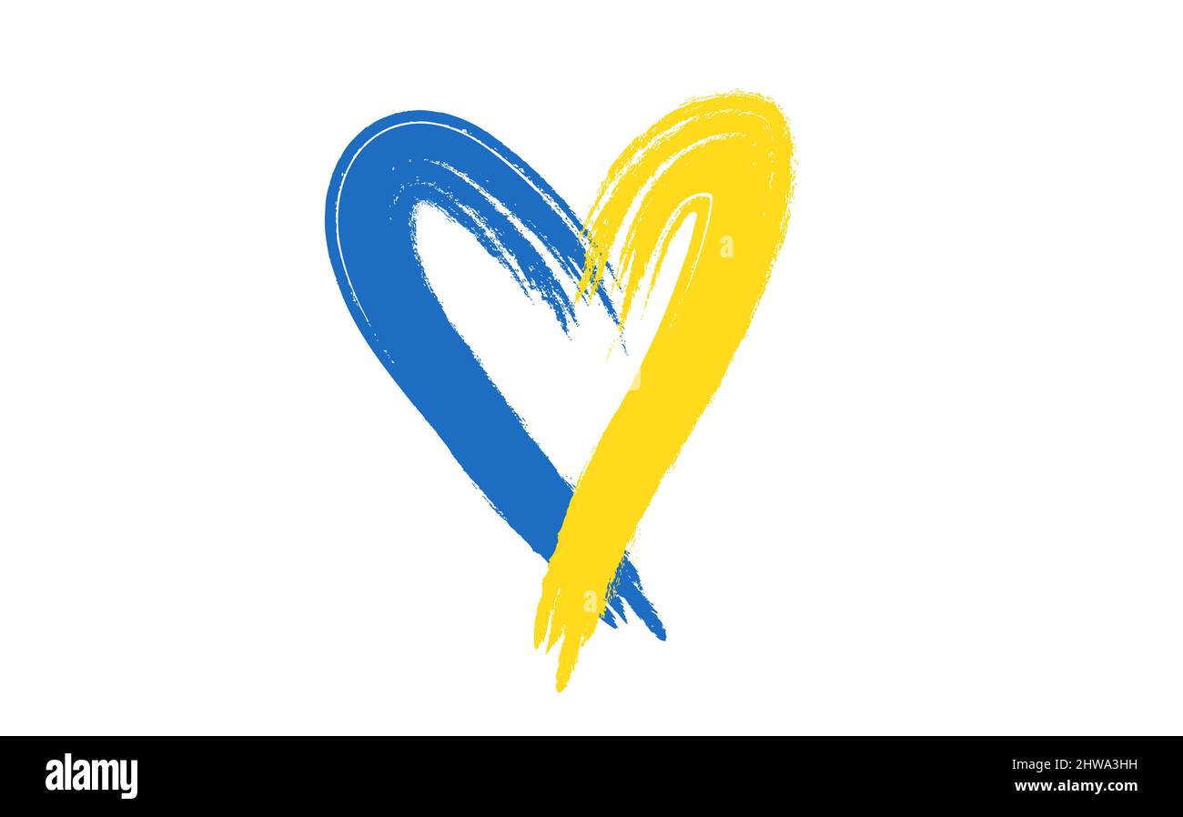 Grunge Pinselstrich mit der Nationalflagge der Ukraine, herzförmige Ikone mit den Farben der ukrainischen Flagge. Symbol, Plakat, Banner der Krise in der Ukraine Konzept Stock Vektor