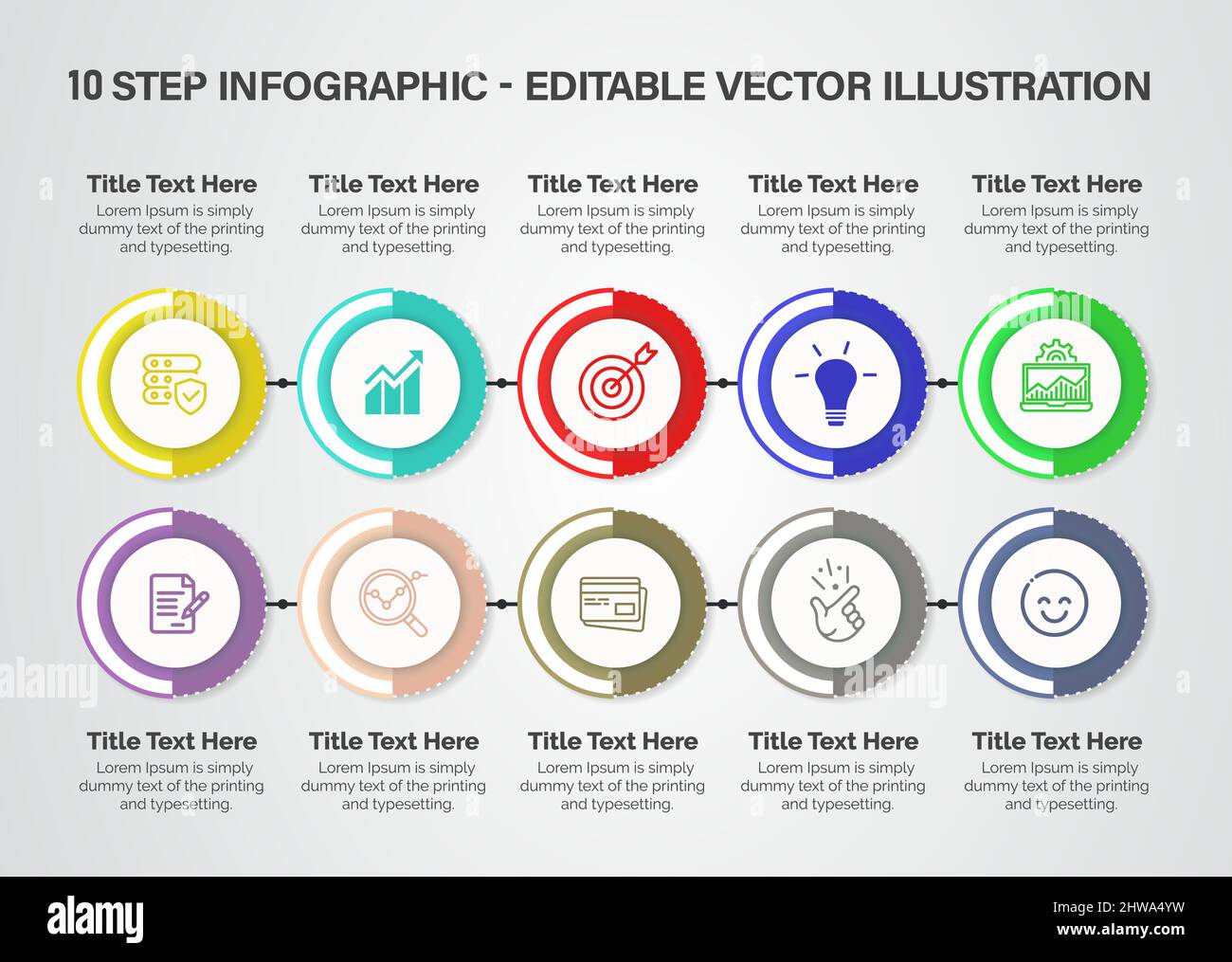 10 Schritte Infografiken Designvorlage - Diagramm, Tortendiagramm, Workflow-Layout, Radsportdiagramm, Broschüre, Bericht, Präsentation, Webdesign, editierbar Stock Vektor