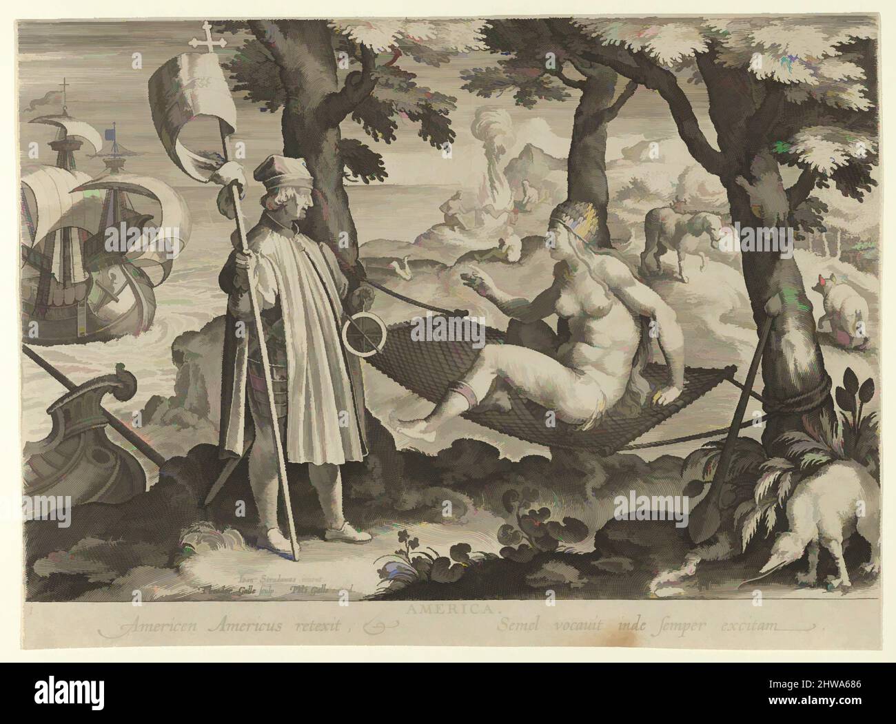 Kunst inspiriert von Zeichnungen und Druckgrafiken, Print, Neue Erfindungen der Moderne Nova Reperta, die Entdeckung Amerikas, Platte 1, Klassische Werke, die von Artotop mit einem Schuss Moderne modernisiert wurden. Formen, Farbe und Wert, auffällige visuelle Wirkung auf Kunst. Emotionen durch Freiheit von Kunstwerken auf zeitgemäße Weise. Eine zeitlose Botschaft, die eine wild kreative neue Richtung verfolgt. Künstler, die sich dem digitalen Medium zuwenden und die Artotop NFT erschaffen Stockfoto