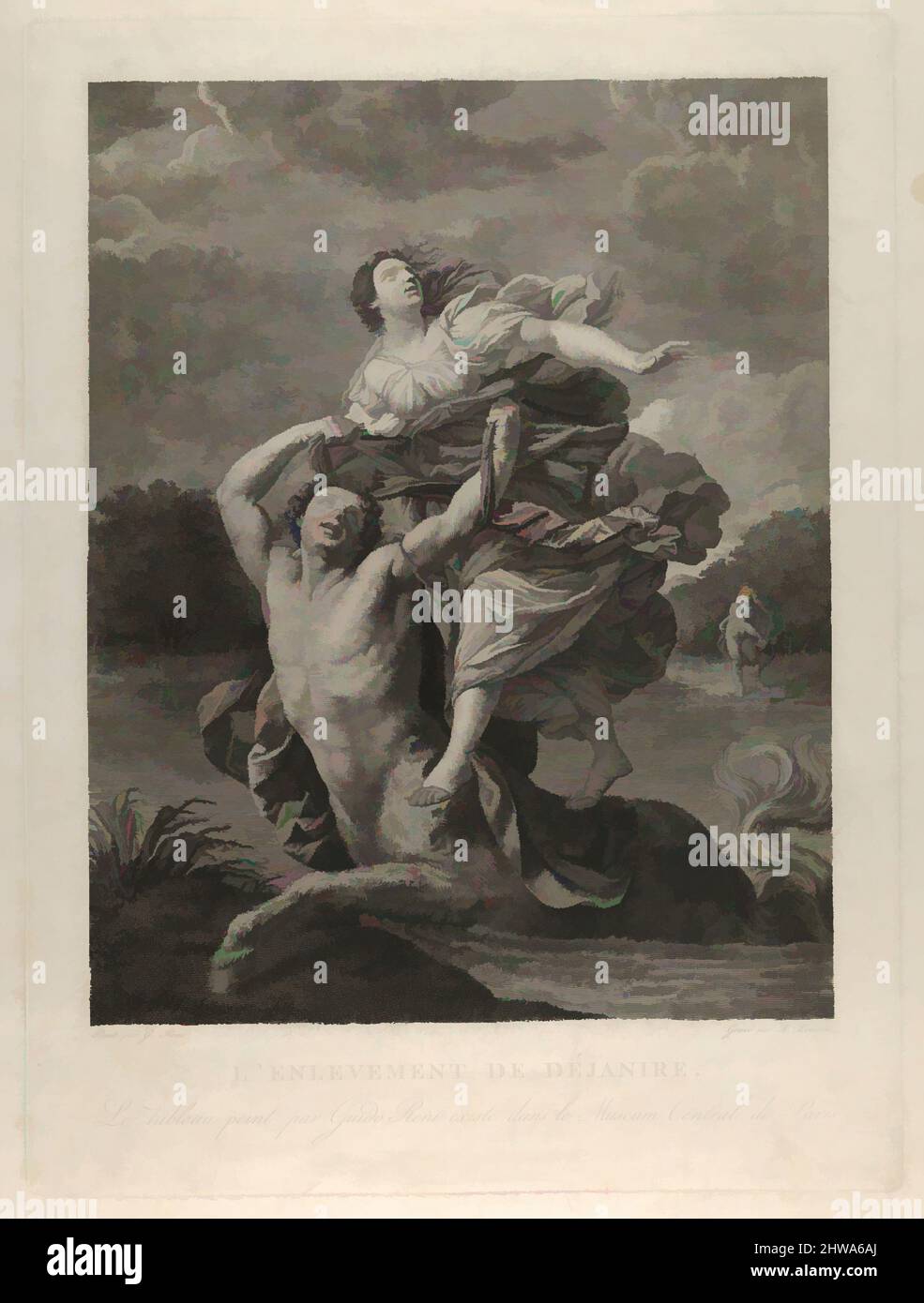 Kunst inspiriert von Zeichnungen und Druckgrafiken, Print, Dejanira wird von dem Zentaur Nessos, einem Mann mit Pfeil und Bogen rechts, nach Reni entführt, Classic Works modernisiert von Artotop mit einem Schuss Moderne. Formen, Farbe und Wert, auffällige visuelle Wirkung auf Kunst. Emotionen durch Freiheit von Kunstwerken auf zeitgemäße Weise. Eine zeitlose Botschaft, die eine wild kreative neue Richtung verfolgt. Künstler, die sich dem digitalen Medium zuwenden und die Artotop NFT erschaffen Stockfoto