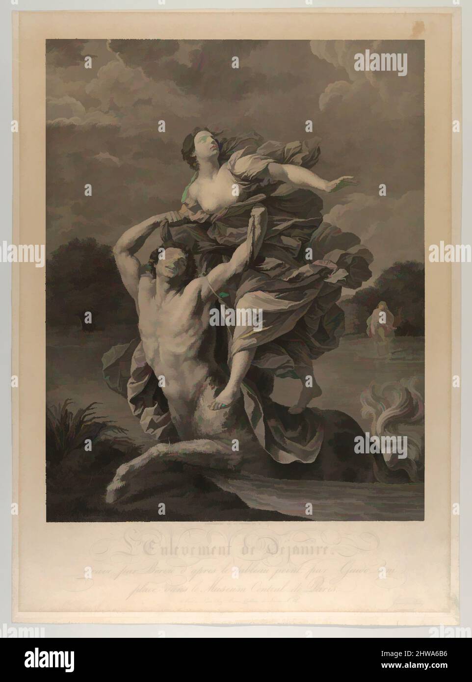 Kunst inspiriert von Zeichnungen und Druckgrafiken, Print, Dejanira wird von dem Zentaur Nessos, einem Mann mit Pfeil und Bogen rechts, nach Reni entführt, Classic Works modernisiert von Artotop mit einem Schuss Moderne. Formen, Farbe und Wert, auffällige visuelle Wirkung auf Kunst. Emotionen durch Freiheit von Kunstwerken auf zeitgemäße Weise. Eine zeitlose Botschaft, die eine wild kreative neue Richtung verfolgt. Künstler, die sich dem digitalen Medium zuwenden und die Artotop NFT erschaffen Stockfoto