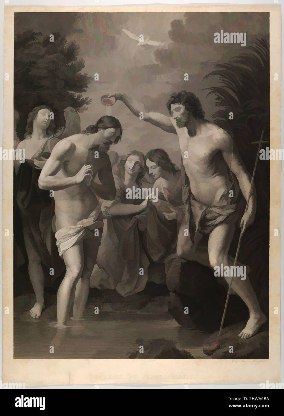 Kunst inspiriert von Zeichnungen und Druckgrafiken, Print, die Taufe Christi; St. Johannes rechts und Christus links mit zusammengehaltenen Händen, Klassische Werke, die von Artotop mit einem Schuss Moderne modernisiert wurden. Formen, Farbe und Wert, auffällige visuelle Wirkung auf Kunst. Emotionen durch Freiheit von Kunstwerken auf zeitgemäße Weise. Eine zeitlose Botschaft, die eine wild kreative neue Richtung verfolgt. Künstler, die sich dem digitalen Medium zuwenden und die Artotop NFT erschaffen Stockfoto