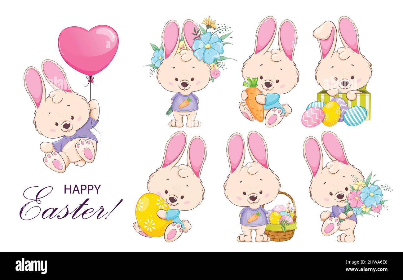 Frohe Ostern. Lustige Zeichentrickfigur Kaninchen, Satz von sieben Posen. Osterhase. Vektorgrafik für Aktien Stock Vektor