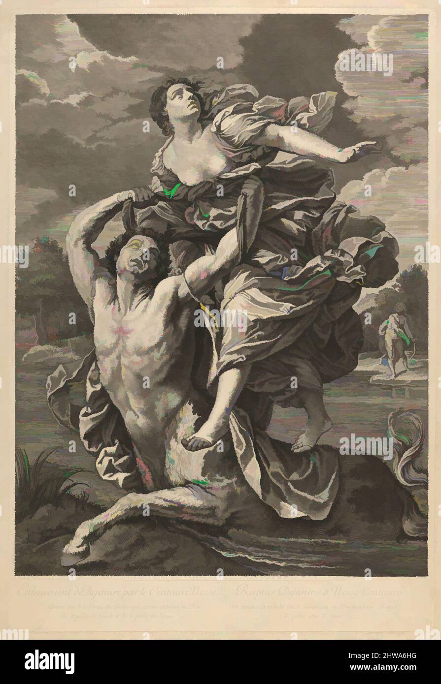 Kunst inspiriert von Zeichnungen und Druckgrafiken, Print, Dejanira wird von dem Zentaur Nessos, einem Mann mit Pfeil und Bogen rechts, nach Reni entführt, Classic Works modernisiert von Artotop mit einem Schuss Moderne. Formen, Farbe und Wert, auffällige visuelle Wirkung auf Kunst. Emotionen durch Freiheit von Kunstwerken auf zeitgemäße Weise. Eine zeitlose Botschaft, die eine wild kreative neue Richtung verfolgt. Künstler, die sich dem digitalen Medium zuwenden und die Artotop NFT erschaffen Stockfoto