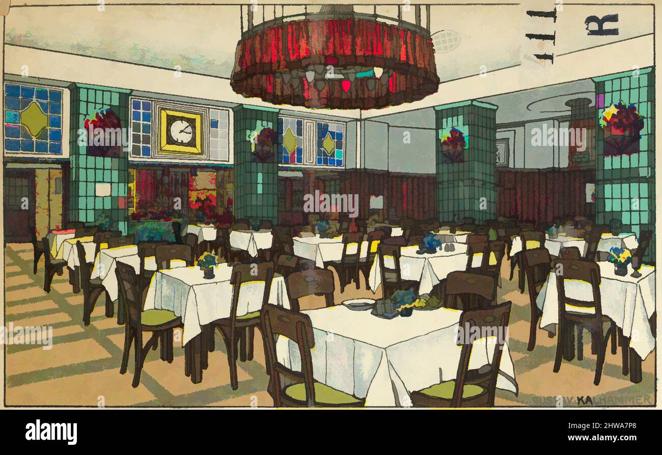 Kunst inspiriert von Zeichnungen und Druckgrafiken, Print, National Railway Station Restaurant, Vienna X, Josef Pohl, Restaurant Staatsbahnhof, Wien X, Klassische Werke, die von Artotop mit einem Hauch von Moderne modernisiert wurden. Formen, Farbe und Wert, auffällige visuelle Wirkung auf Kunst. Emotionen durch Freiheit von Kunstwerken auf zeitgemäße Weise. Eine zeitlose Botschaft, die eine wild kreative neue Richtung verfolgt. Künstler, die sich dem digitalen Medium zuwenden und die Artotop NFT erschaffen Stockfoto