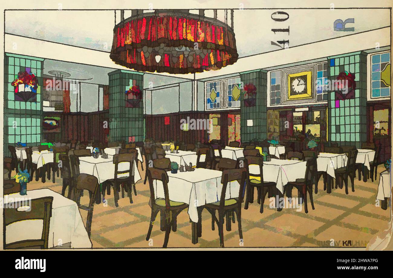 Kunst inspiriert von Zeichnungen und Druckgrafiken, Print, National Railway Station Restaurant, Vienna X, Josef Pohl, Restaurant Staatsbahnhof, Wien X, Klassische Werke, die von Artotop mit einem Hauch von Moderne modernisiert wurden. Formen, Farbe und Wert, auffällige visuelle Wirkung auf Kunst. Emotionen durch Freiheit von Kunstwerken auf zeitgemäße Weise. Eine zeitlose Botschaft, die eine wild kreative neue Richtung verfolgt. Künstler, die sich dem digitalen Medium zuwenden und die Artotop NFT erschaffen Stockfoto