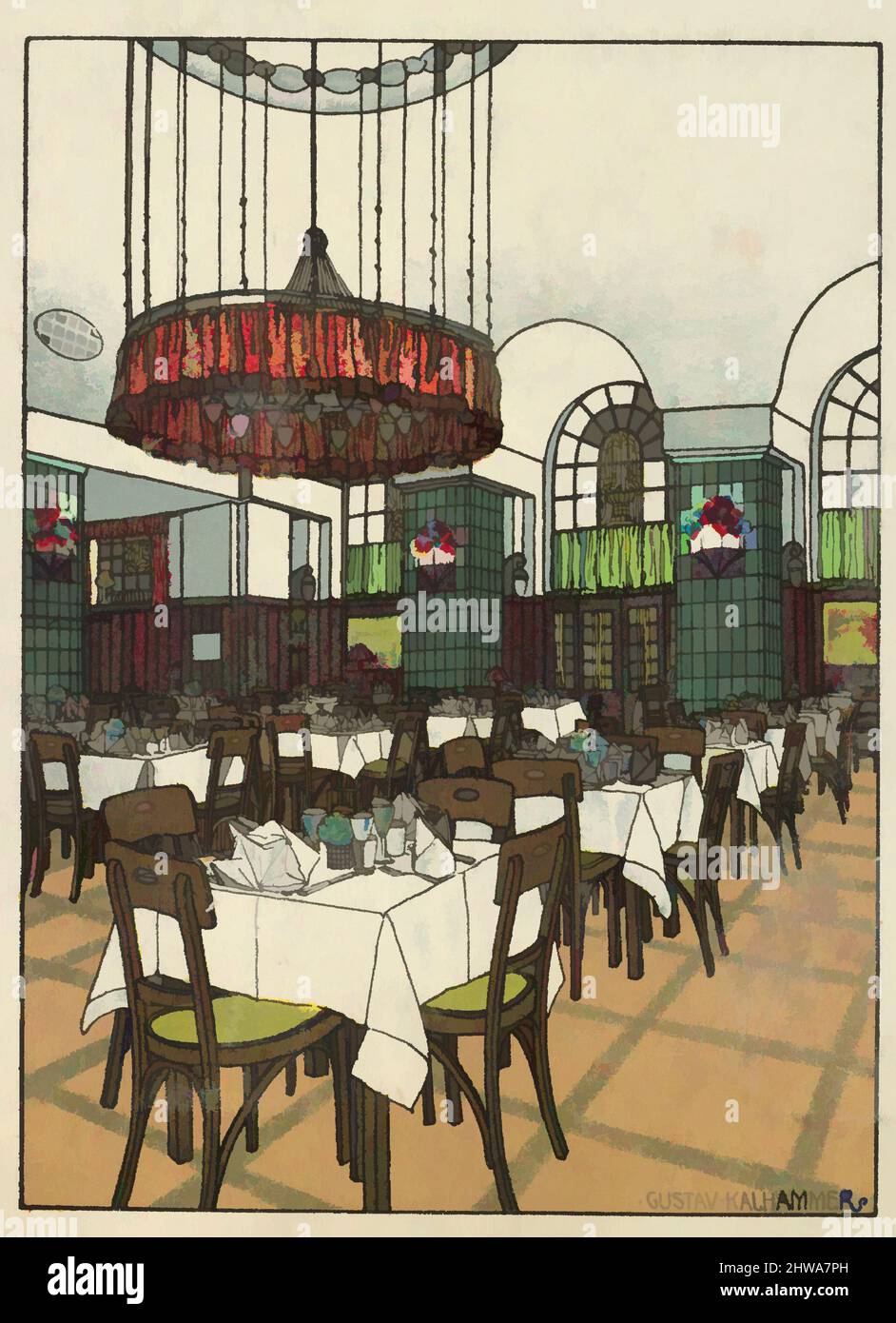Kunst inspiriert von Zeichnungen und Druckgrafiken, Print, National Railway Station Restaurant, Vienna X, Josef Pohl, Restaurant Staatsbahnhof, Wien X, Klassische Werke, die von Artotop mit einem Hauch von Moderne modernisiert wurden. Formen, Farbe und Wert, auffällige visuelle Wirkung auf Kunst. Emotionen durch Freiheit von Kunstwerken auf zeitgemäße Weise. Eine zeitlose Botschaft, die eine wild kreative neue Richtung verfolgt. Künstler, die sich dem digitalen Medium zuwenden und die Artotop NFT erschaffen Stockfoto