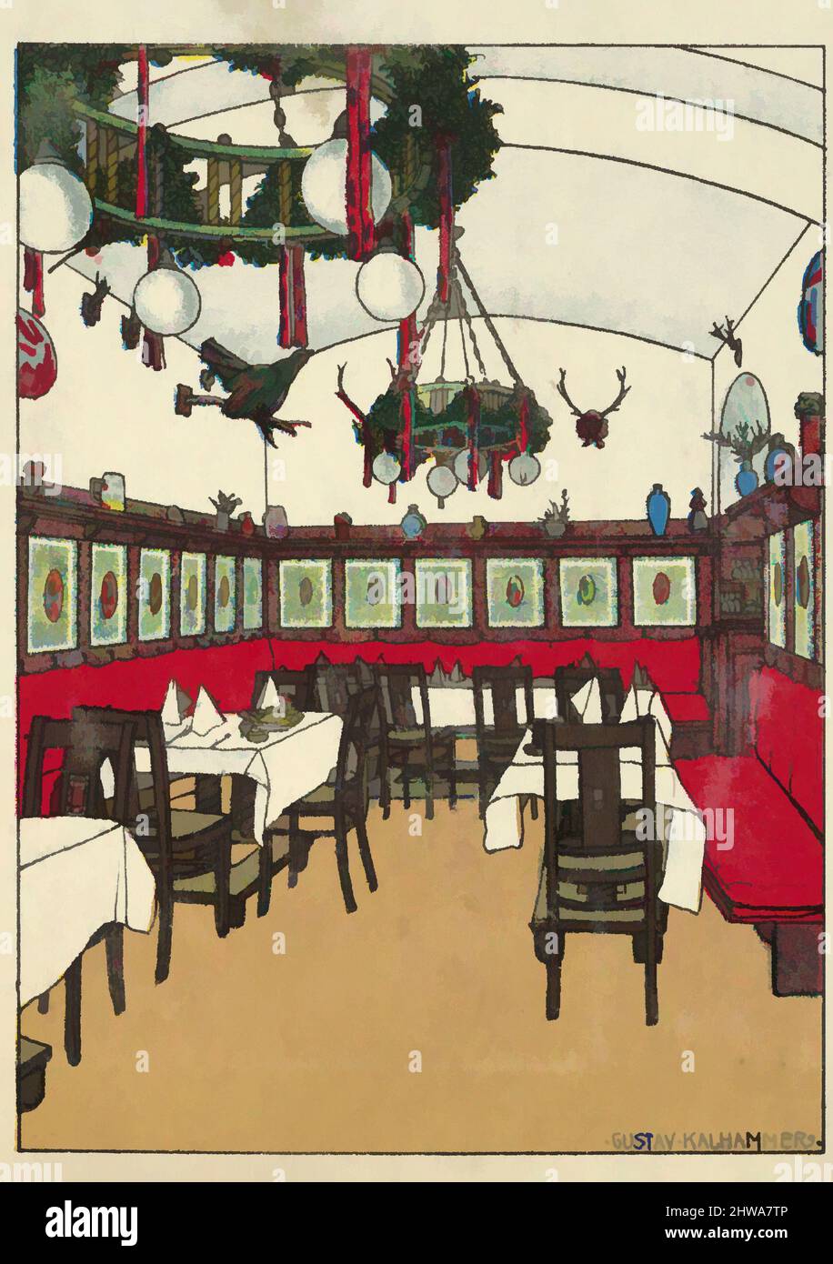 Kunst inspiriert von Zeichnungen und Druckgrafiken, Print, National Railway Station Restaurant, Vienna X, Josef Pohl, Restaurant Staatsbahnhof, Wien X, Klassische Werke, die von Artotop mit einem Hauch von Moderne modernisiert wurden. Formen, Farbe und Wert, auffällige visuelle Wirkung auf Kunst. Emotionen durch Freiheit von Kunstwerken auf zeitgemäße Weise. Eine zeitlose Botschaft, die eine wild kreative neue Richtung verfolgt. Künstler, die sich dem digitalen Medium zuwenden und die Artotop NFT erschaffen Stockfoto