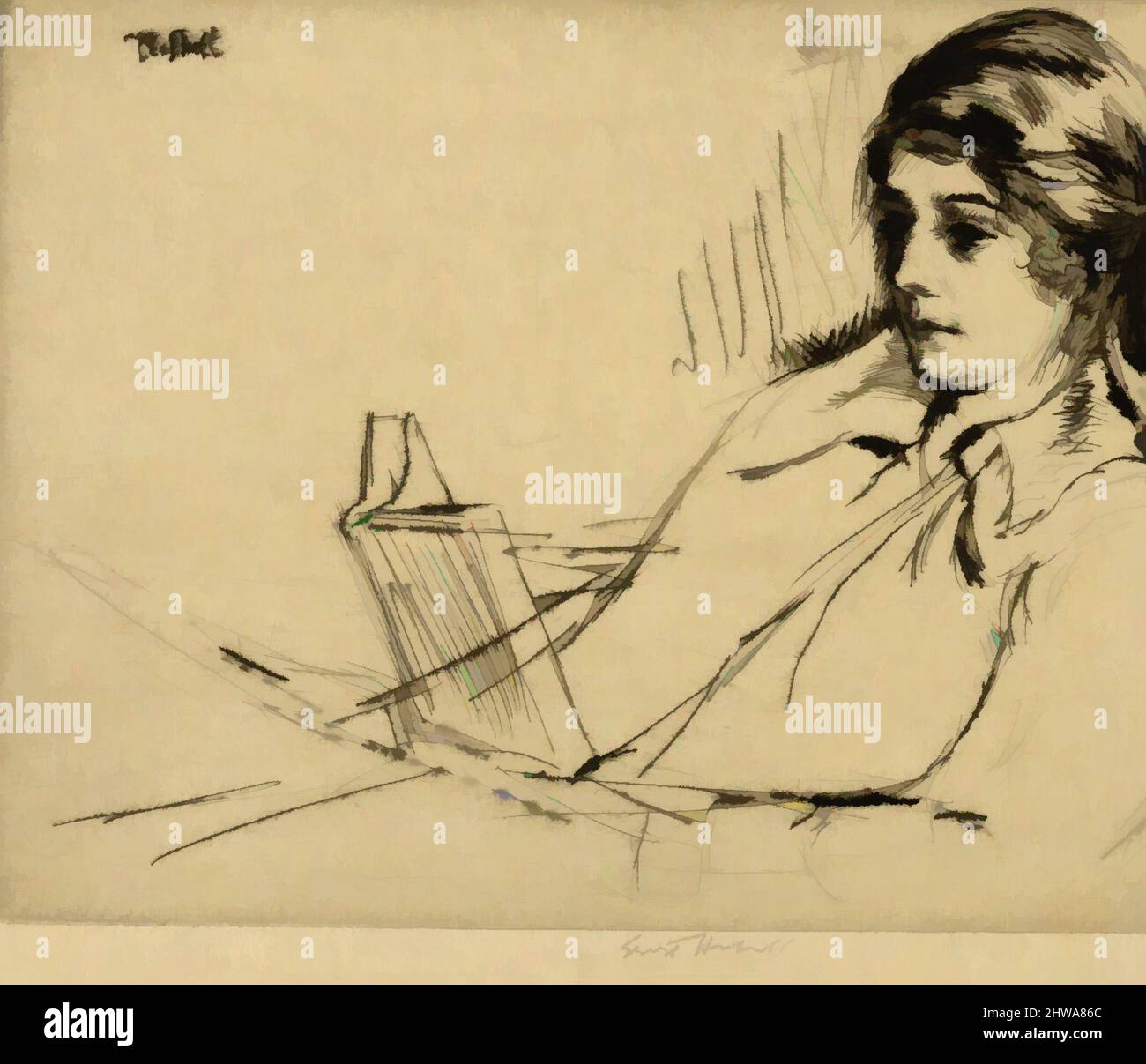 Kunst inspiriert von Zeichnungen und Druckgrafiken, Print, Reading, Artist, Ernest Haskell, American, Woodstock, Connecticut 1876–1925 West Point, Maine, Klassisches Werk, das von Artotop mit einem Schuss Moderne modernisiert wurde. Formen, Farbe und Wert, auffällige visuelle Wirkung auf Kunst. Emotionen durch Freiheit von Kunstwerken auf zeitgemäße Weise. Eine zeitlose Botschaft, die eine wild kreative neue Richtung verfolgt. Künstler, die sich dem digitalen Medium zuwenden und die Artotop NFT erschaffen Stockfoto