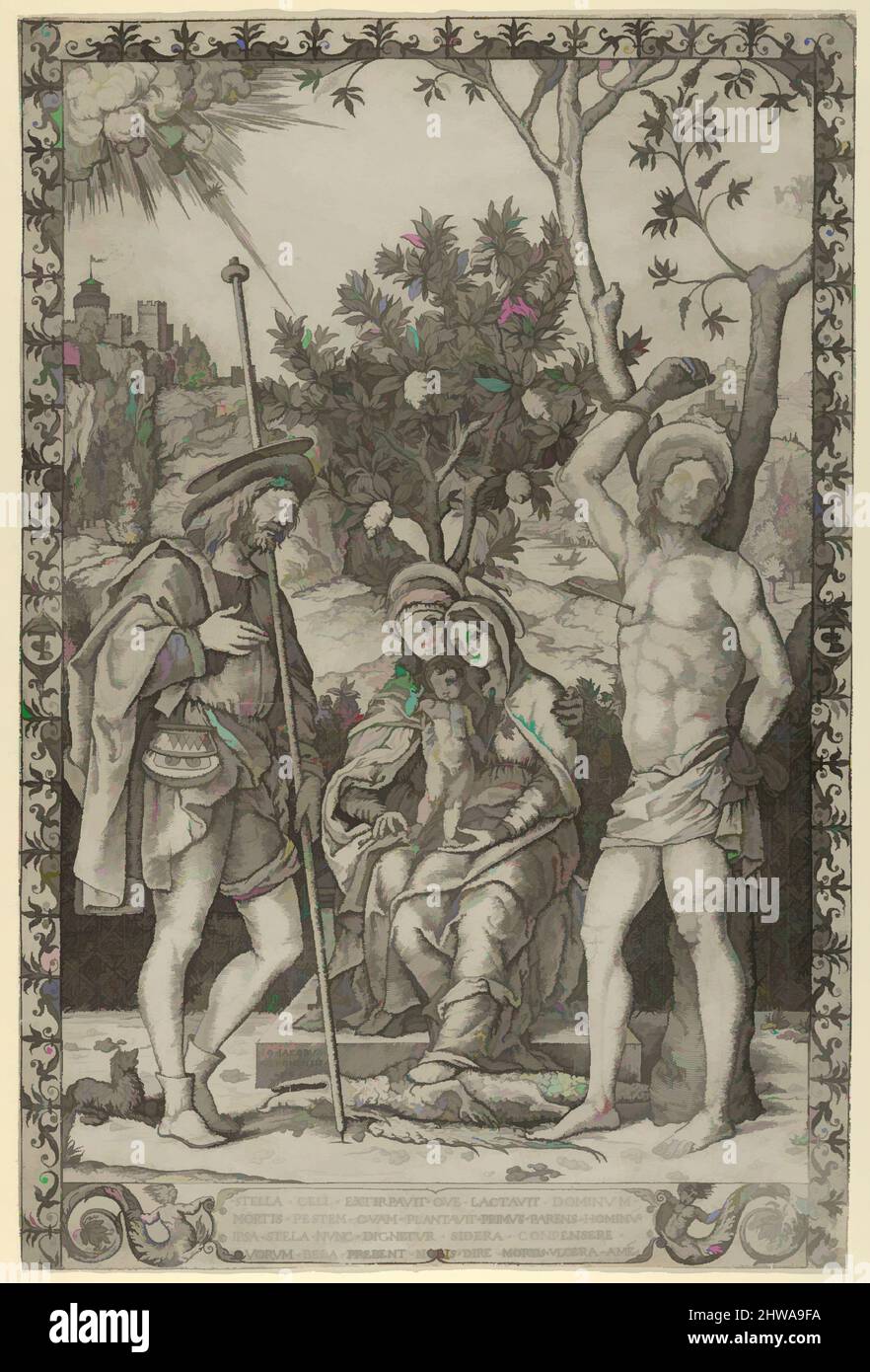 Kunst inspiriert von der Jungfrau und dem Kind auf dem Schoß der heiligen Anna, mit St. Rochus und St. Sebastian, Künstler, nach, Girolamo dai Libri, Klassisches Werk von Artotop mit einem Schuss Moderne modernisiert. Formen, Farbe und Wert, auffällige visuelle Wirkung auf Kunst. Emotionen durch Freiheit von Kunstwerken auf zeitgemäße Weise. Eine zeitlose Botschaft, die eine wild kreative neue Richtung verfolgt. Künstler, die sich dem digitalen Medium zuwenden und die Artotop NFT erschaffen Stockfoto