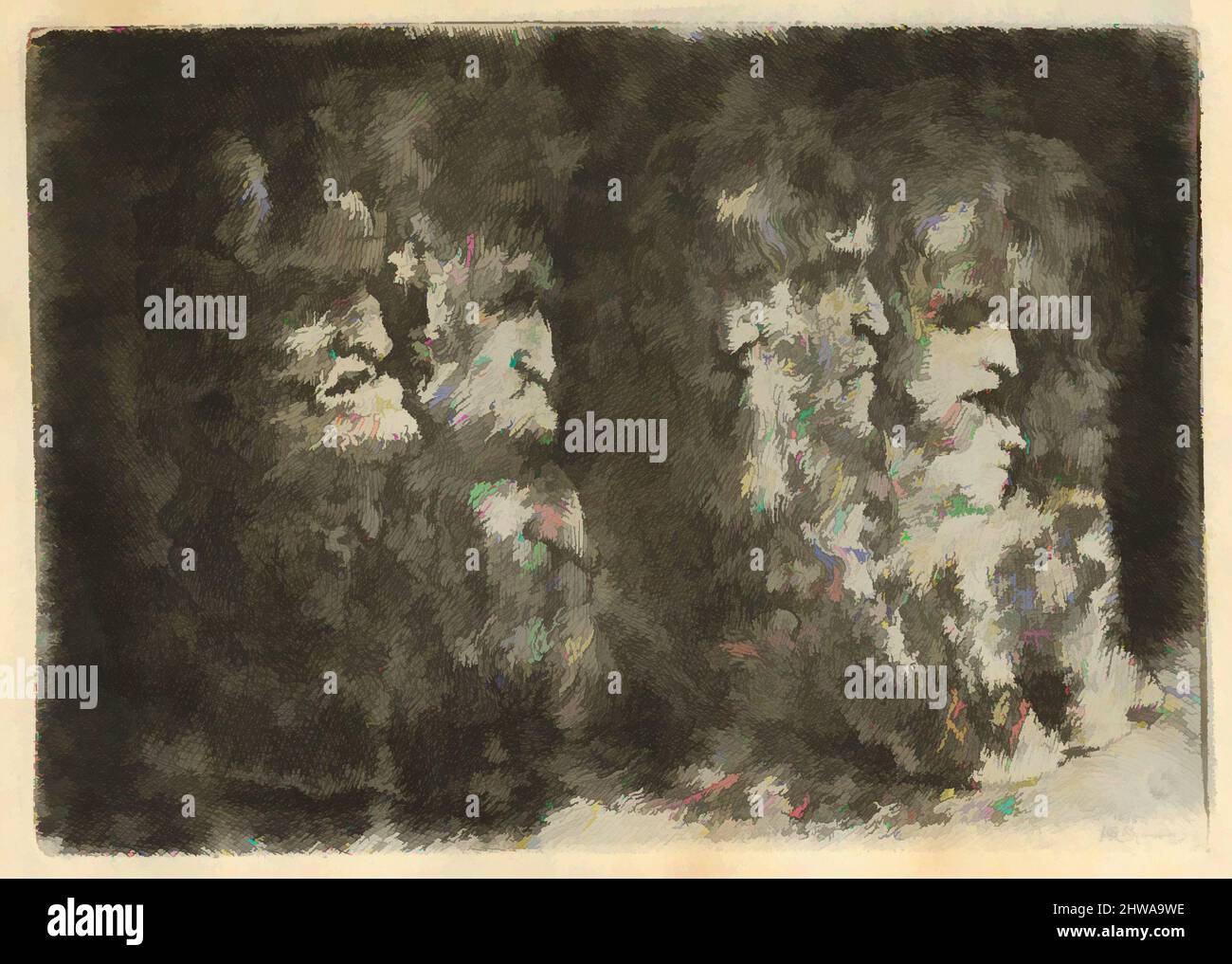 Kunst inspiriert von Zeichnungen und Druckgrafiken, Etching, zwei Formationen grotesker Köpfe, Künstler, Jacques de Gheyn, III, Niederländisch, Amsterdam (?) Ca. 1596, Classic Works modernisiert von Artotop mit einem Schuss Moderne. Formen, Farbe und Wert, auffällige visuelle Wirkung auf Kunst. Emotionen durch Freiheit von Kunstwerken auf zeitgemäße Weise. Eine zeitlose Botschaft, die eine wild kreative neue Richtung verfolgt. Künstler, die sich dem digitalen Medium zuwenden und die Artotop NFT erschaffen Stockfoto