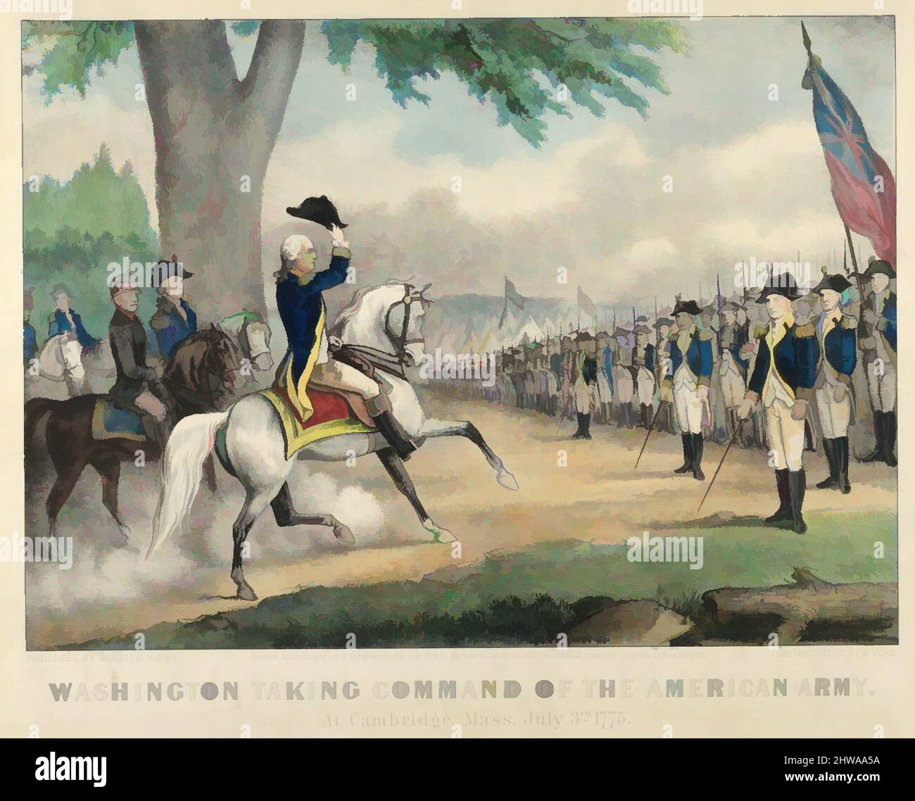 Art Inspired by Drawings and Prints, Print, Washington unter dem Kommando der amerikanischen Armee – in Cambridge, Massachusetts, 3.. Juli 1775, Klassische Werke, die von Artotop mit einem Schuss Moderne modernisiert wurden. Formen, Farbe und Wert, auffällige visuelle Wirkung auf Kunst. Emotionen durch Freiheit von Kunstwerken auf zeitgemäße Weise. Eine zeitlose Botschaft, die eine wild kreative neue Richtung verfolgt. Künstler, die sich dem digitalen Medium zuwenden und die Artotop NFT erschaffen Stockfoto