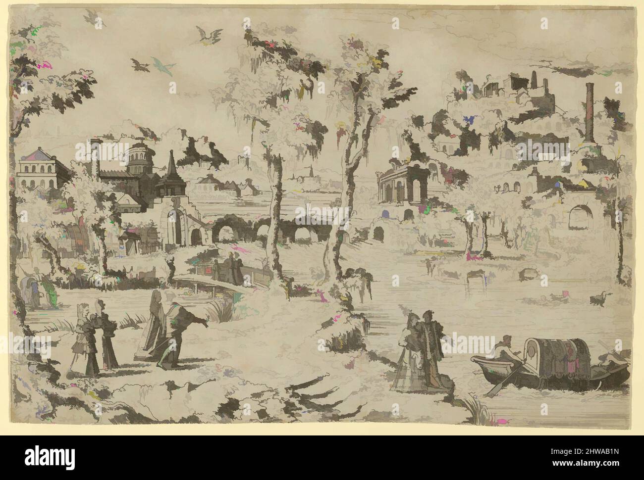Kunst inspiriert von Zeichnungen und Drucken, Drucken, Landschaft mit Ruinen, Höflingen und einer Gondel, Künstler, Léon Davent, französisch, aktiv 1540–56, Davent, Klassische Werke, die von Artotop mit einem Hauch von Moderne modernisiert wurden. Formen, Farbe und Wert, auffällige visuelle Wirkung auf Kunst. Emotionen durch Freiheit von Kunstwerken auf zeitgemäße Weise. Eine zeitlose Botschaft, die eine wild kreative neue Richtung verfolgt. Künstler, die sich dem digitalen Medium zuwenden und die Artotop NFT erschaffen Stockfoto