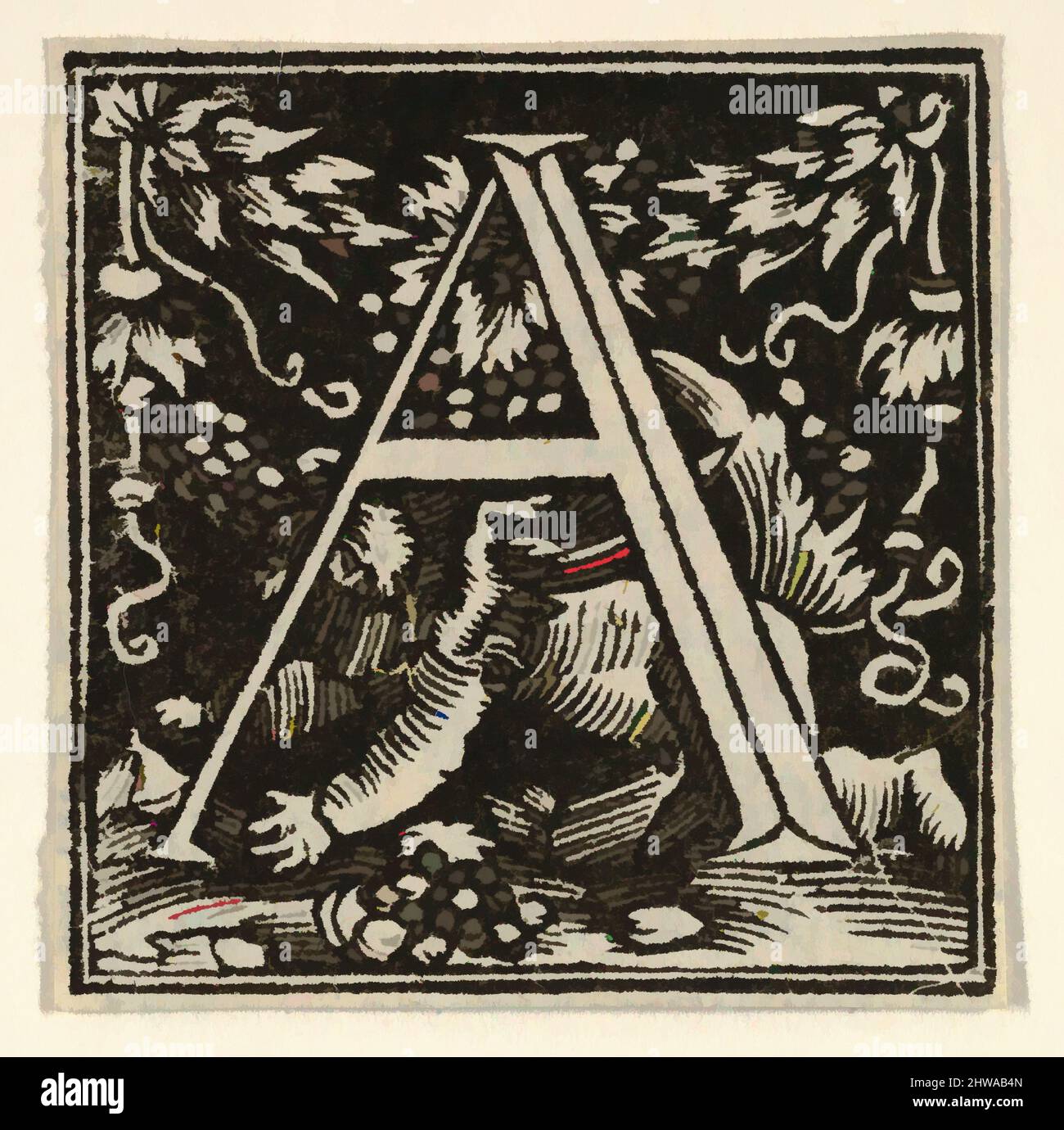 Kunst inspiriert von Zeichnungen und Druckgrafiken, Print, Initial Letter A mit Putto, Künstler, Heinrich Vogtherr der Ältere, Deutsch, geboren 1490, aktiv 1538, Klassische Werke modernisiert von Artotop mit einem Schuss Moderne. Formen, Farbe und Wert, auffällige visuelle Wirkung auf Kunst. Emotionen durch Freiheit von Kunstwerken auf zeitgemäße Weise. Eine zeitlose Botschaft, die eine wild kreative neue Richtung verfolgt. Künstler, die sich dem digitalen Medium zuwenden und die Artotop NFT erschaffen Stockfoto
