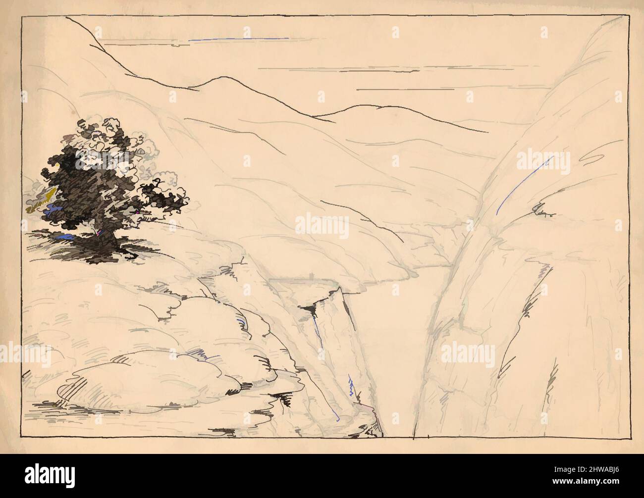 Kunst inspiriert von Zeichnungen und Druckgrafiken, Zeichnung, Eine Flusslandschaft mit steilen Klippen, Künstler, Herbert E. Crowley, British, London 1873–1939 Zürich, Klassische Werke, die von Artotop mit einem Hauch von Moderne modernisiert wurden. Formen, Farbe und Wert, auffällige visuelle Wirkung auf Kunst. Emotionen durch Freiheit von Kunstwerken auf zeitgemäße Weise. Eine zeitlose Botschaft, die eine wild kreative neue Richtung verfolgt. Künstler, die sich dem digitalen Medium zuwenden und die Artotop NFT erschaffen Stockfoto