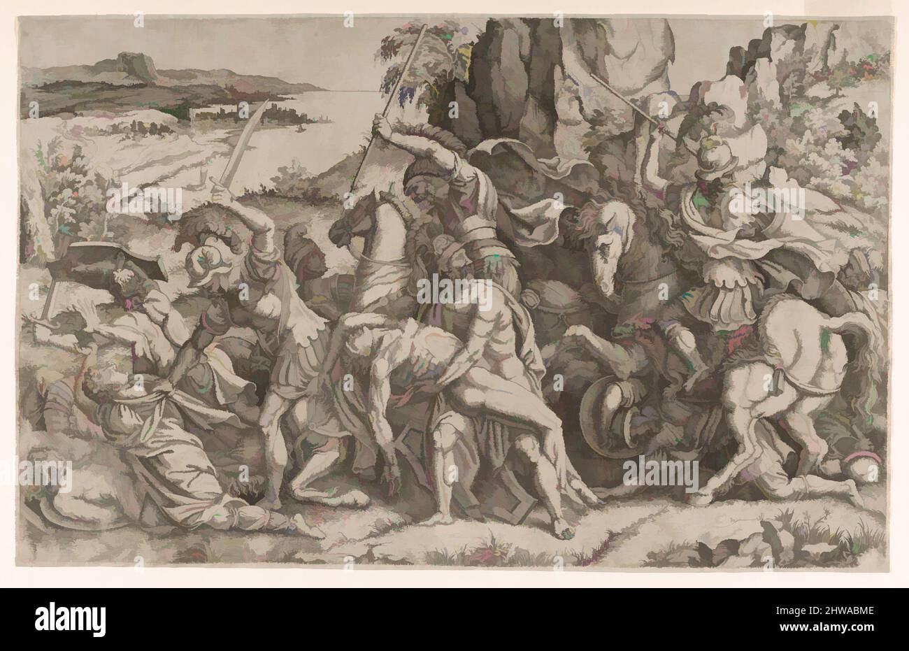 Kunst inspiriert von Zeichnungen und Druckgrafiken, Schlacht um den Körper von Patroclus, Künstler, After, Anonymous, Schule von Fontainebleau, Giulio Romano, Classic Works modernisiert von Artotop mit einem Schuss Moderne. Formen, Farbe und Wert, auffällige visuelle Wirkung auf Kunst. Emotionen durch Freiheit von Kunstwerken auf zeitgemäße Weise. Eine zeitlose Botschaft, die eine wild kreative neue Richtung verfolgt. Künstler, die sich dem digitalen Medium zuwenden und die Artotop NFT erschaffen Stockfoto