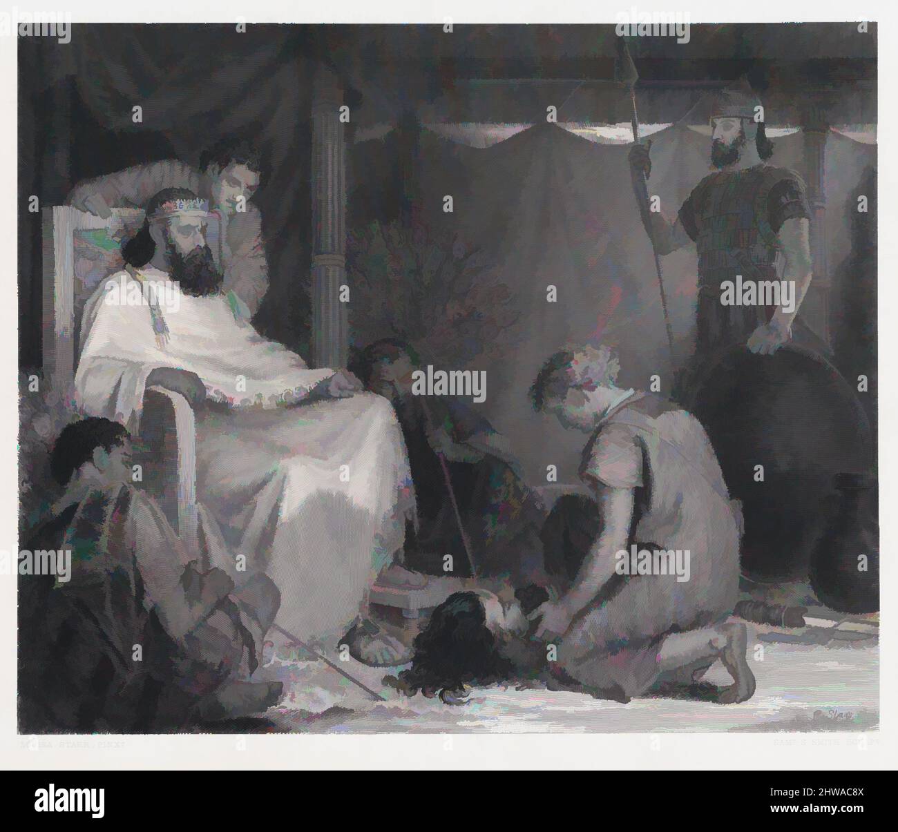 Kunst inspiriert von Zeichnungen und Druckgrafiken, Print, David brachte vor Saul (aus dem Art Journal), Herausgeber, Graveur, Künstler, nach, J. S. Virtue, Classic Works modernisiert von Artotop mit einem Schuss Moderne. Formen, Farbe und Wert, auffällige visuelle Wirkung auf Kunst. Emotionen durch Freiheit von Kunstwerken auf zeitgemäße Weise. Eine zeitlose Botschaft, die eine wild kreative neue Richtung verfolgt. Künstler, die sich dem digitalen Medium zuwenden und die Artotop NFT erschaffen Stockfoto