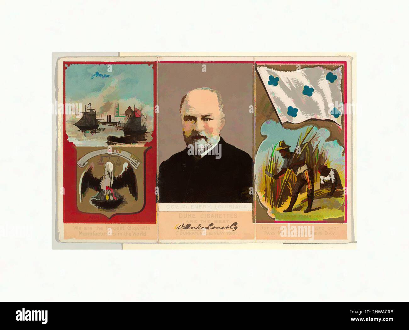Kunst inspiriert von Governor McEnery, Louisiana, aus der Serie „Governors, Arms, etc.“ (N133-2), Herausgegeben von Duke Sons & Co., ca. 1888, Classic Works modernisiert von Artotop mit einem Schuss Moderne. Formen, Farbe und Wert, auffällige visuelle Wirkung auf Kunst. Emotionen durch Freiheit von Kunstwerken auf zeitgemäße Weise. Eine zeitlose Botschaft, die eine wild kreative neue Richtung verfolgt. Künstler, die sich dem digitalen Medium zuwenden und die Artotop NFT erschaffen Stockfoto