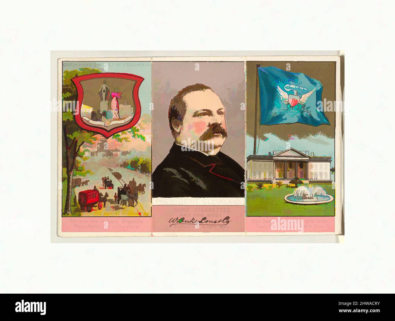 Kunst inspiriert von Präsident Cleveland, District of Columbia, aus der Serie „Governors, Arms, etc.“ (N133-2), Herausgegeben von Duke Sons & Co., ca. 1888, Classic Works modernisiert von Artotop mit einem Schuss Moderne. Formen, Farbe und Wert, auffällige visuelle Wirkung auf Kunst. Emotionen durch Freiheit von Kunstwerken auf zeitgemäße Weise. Eine zeitlose Botschaft, die eine wild kreative neue Richtung verfolgt. Künstler, die sich dem digitalen Medium zuwenden und die Artotop NFT erschaffen Stockfoto