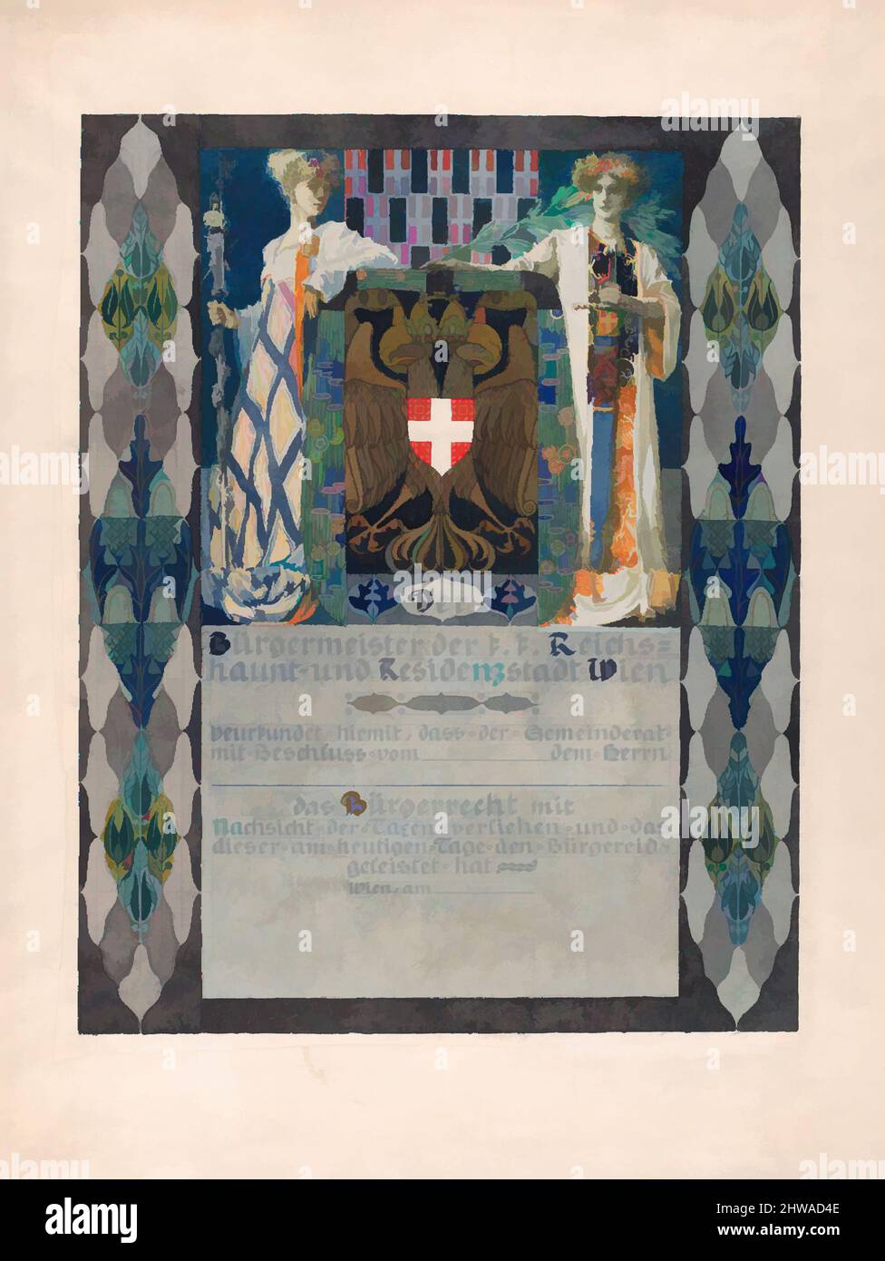 Kunst inspiriert von Zeichnungen und Drucken, Zeichnung, Design für ein Zertifikat zur Verleihung einer Bronzemedaille für jahrelange Hingabe, Classic Works modernisiert von Artotop mit einem Schuss Moderne. Formen, Farbe und Wert, auffällige visuelle Wirkung auf Kunst. Emotionen durch Freiheit von Kunstwerken auf zeitgemäße Weise. Eine zeitlose Botschaft, die eine wild kreative neue Richtung verfolgt. Künstler, die sich dem digitalen Medium zuwenden und die Artotop NFT erschaffen Stockfoto