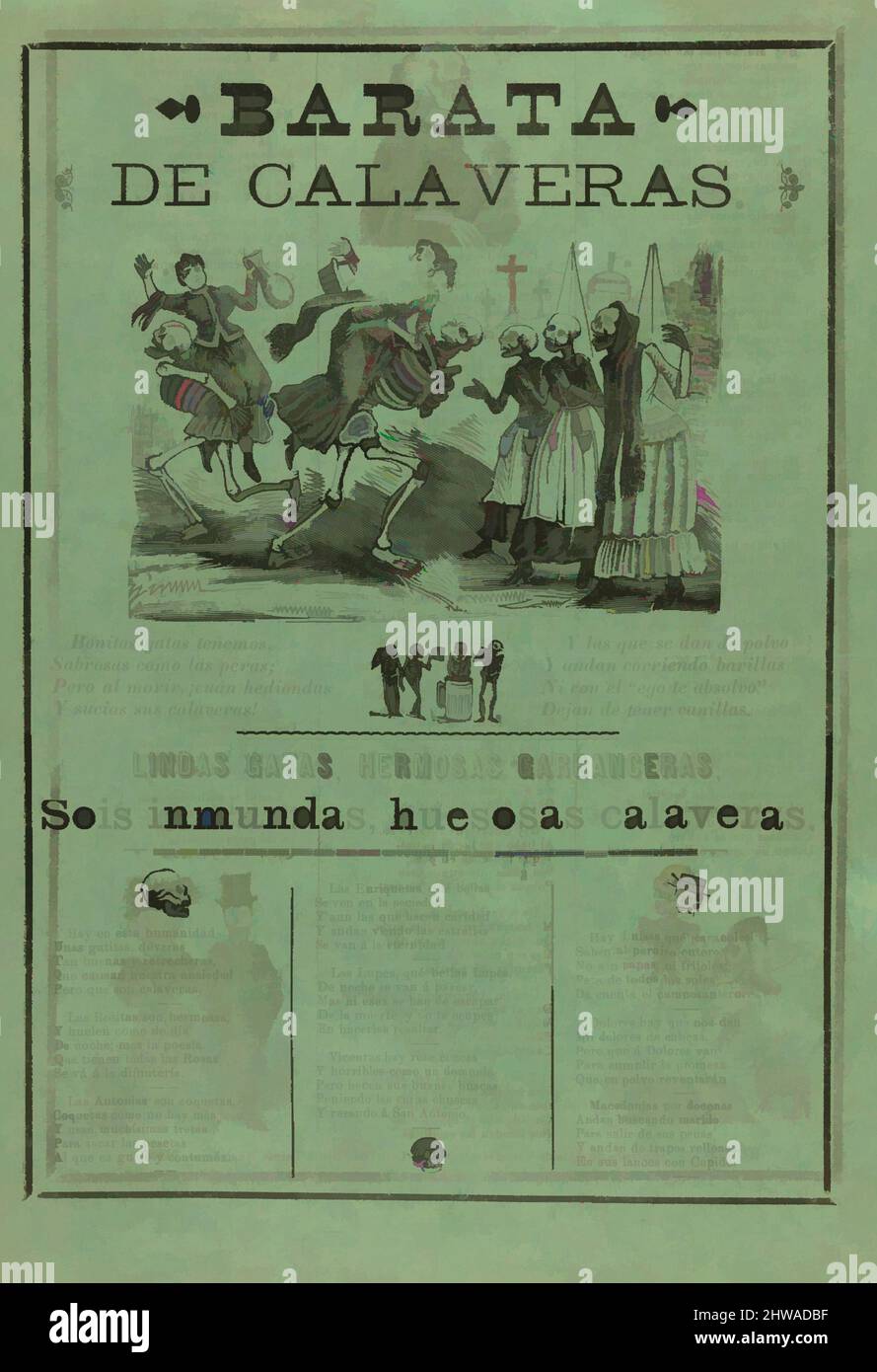 Kunst inspiriert durch den Verkauf von Skeletten, José Guadalupe Posada (Mexikaner, 1851–1913), 1907, Klassische Werke, die von Artotop mit einem Schuss Moderne modernisiert wurden. Formen, Farbe und Wert, auffällige visuelle Wirkung auf Kunst. Emotionen durch Freiheit von Kunstwerken auf zeitgemäße Weise. Eine zeitlose Botschaft, die eine wild kreative neue Richtung verfolgt. Künstler, die sich dem digitalen Medium zuwenden und die Artotop NFT erschaffen Stockfoto