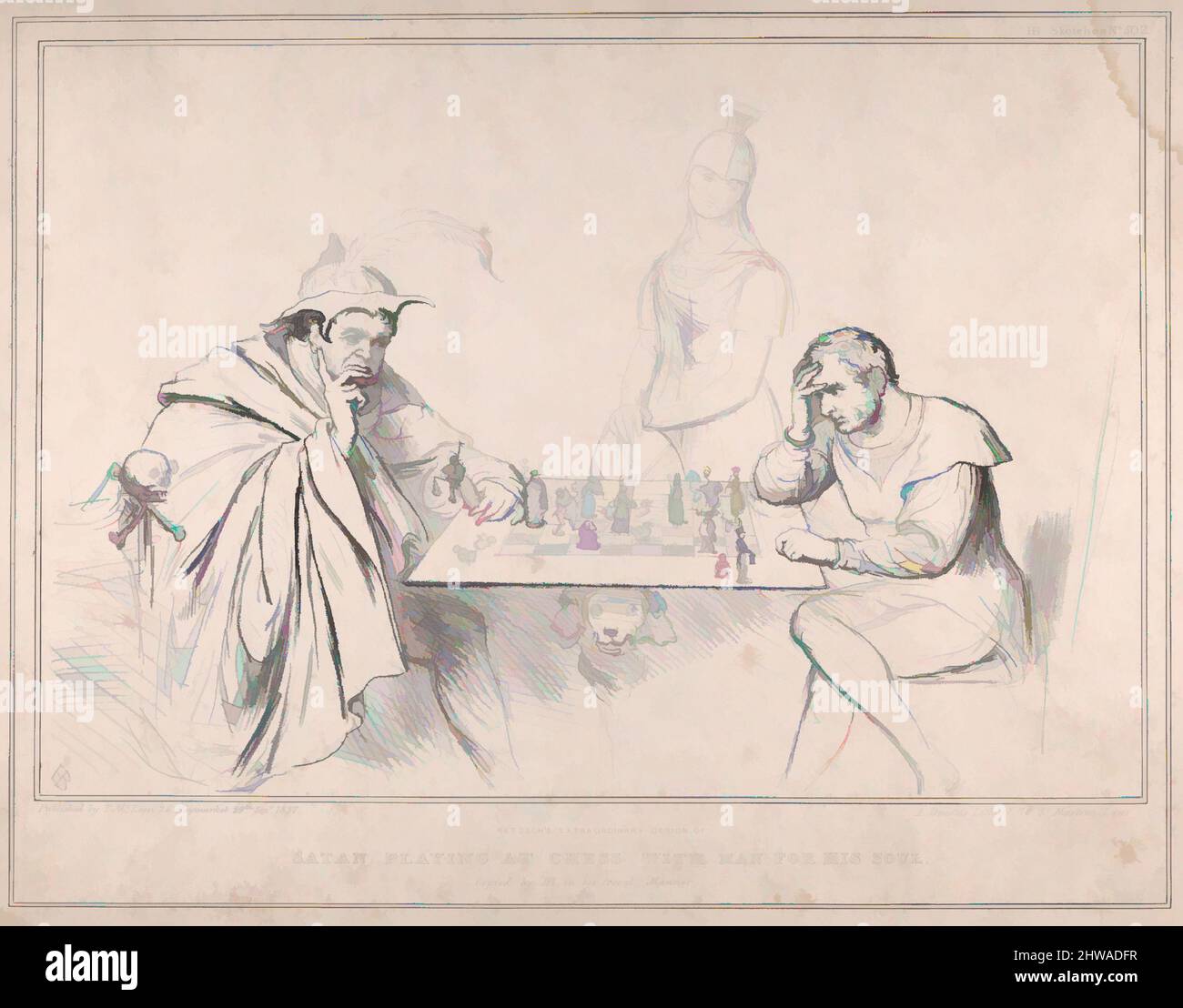 Kunst inspiriert von Zeichnungen und Druckgrafiken, Print, Retzschs außergewöhnlicher Entwurf von Satan spielt im Schach mit dem Mann für seine Seele, HB-Skizzen, Klassische Werke, die von Artotop mit einem Schuss Moderne modernisiert wurden. Formen, Farbe und Wert, auffällige visuelle Wirkung auf Kunst. Emotionen durch Freiheit von Kunstwerken auf zeitgemäße Weise. Eine zeitlose Botschaft, die eine wild kreative neue Richtung verfolgt. Künstler, die sich dem digitalen Medium zuwenden und die Artotop NFT erschaffen Stockfoto