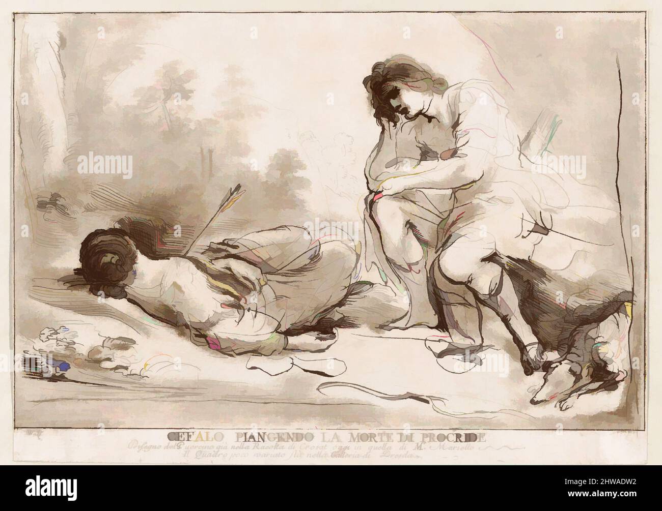 Kunst inspiriert von Zeichnungen und Druckgrafiken, Print, Cephals und Procris, Artist, After, Guercino (Giovanni Francesco Barbieri), Vincenzio Vangelisti, Klassische Werke, die von Artotop mit einem Schuss Moderne modernisiert wurden. Formen, Farbe und Wert, auffällige visuelle Wirkung auf Kunst. Emotionen durch Freiheit von Kunstwerken auf zeitgemäße Weise. Eine zeitlose Botschaft, die eine wild kreative neue Richtung verfolgt. Künstler, die sich dem digitalen Medium zuwenden und die Artotop NFT erschaffen Stockfoto