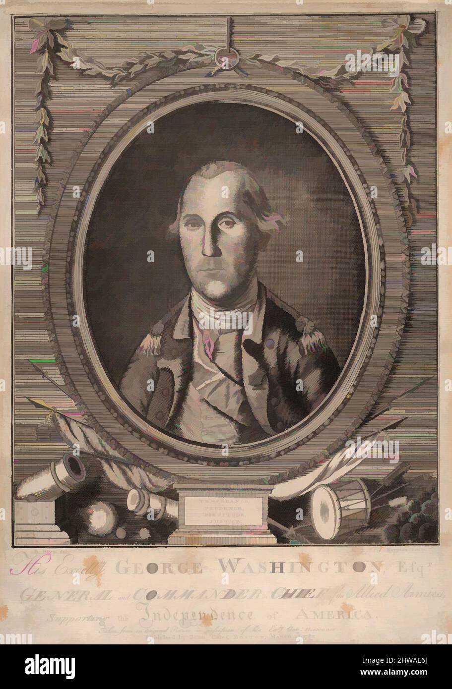 Kunst inspiriert von Zeichnungen und Drucken, Print, seine Exzellenz George Washington, Esq-r., General und Kommandant der Alliierten Armeen, Classic Works modernisiert von Artotop mit einem Schuss Moderne. Formen, Farbe und Wert, auffällige visuelle Wirkung auf Kunst. Emotionen durch Freiheit von Kunstwerken auf zeitgemäße Weise. Eine zeitlose Botschaft, die eine wild kreative neue Richtung verfolgt. Künstler, die sich dem digitalen Medium zuwenden und die Artotop NFT erschaffen Stockfoto