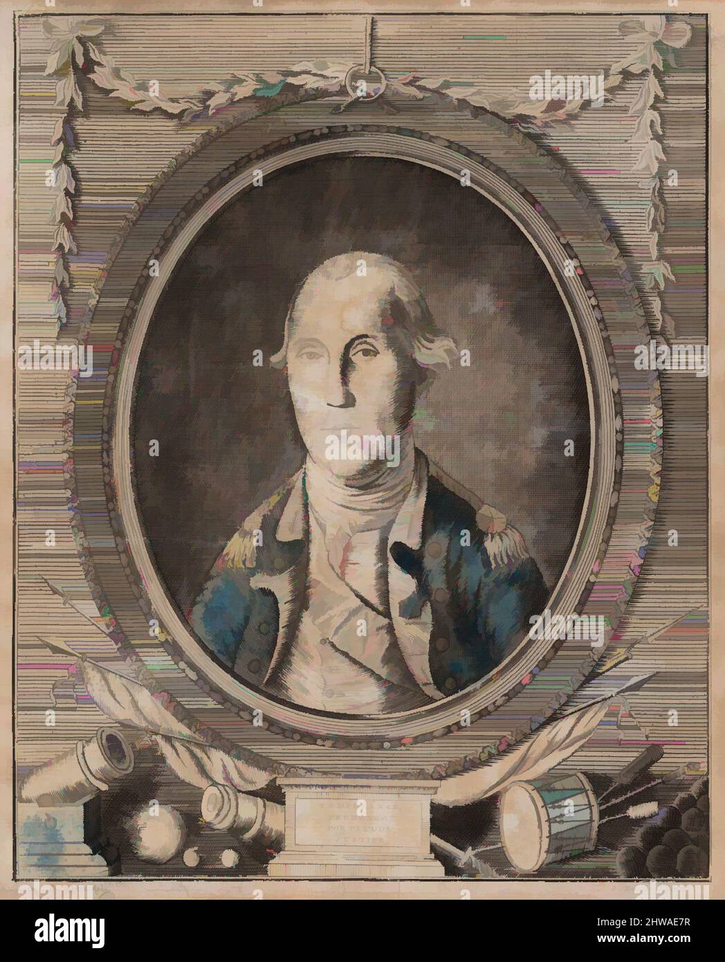 Kunst inspiriert von Zeichnungen und Drucken, Print, seine Exzellenz George Washington, Esq-r., General und Kommandant der Alliierten Armeen, Classic Works modernisiert von Artotop mit einem Schuss Moderne. Formen, Farbe und Wert, auffällige visuelle Wirkung auf Kunst. Emotionen durch Freiheit von Kunstwerken auf zeitgemäße Weise. Eine zeitlose Botschaft, die eine wild kreative neue Richtung verfolgt. Künstler, die sich dem digitalen Medium zuwenden und die Artotop NFT erschaffen Stockfoto