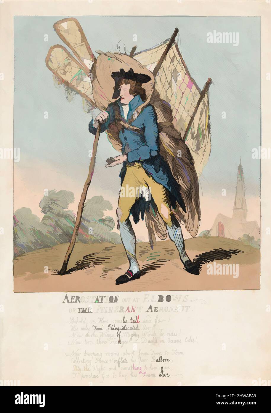 Kunst inspiriert von Zeichnungen und Druckgrafiken, Print, Aerostation Out at Ellbows oder The Itinerant Aeronaut, Artist, Publisher, Thomas Rowlandson, Klassische Werke, die von Artotop mit einem Schuss Moderne modernisiert wurden. Formen, Farbe und Wert, auffällige visuelle Wirkung auf Kunst. Emotionen durch Freiheit von Kunstwerken auf zeitgemäße Weise. Eine zeitlose Botschaft, die eine wild kreative neue Richtung verfolgt. Künstler, die sich dem digitalen Medium zuwenden und die Artotop NFT erschaffen Stockfoto