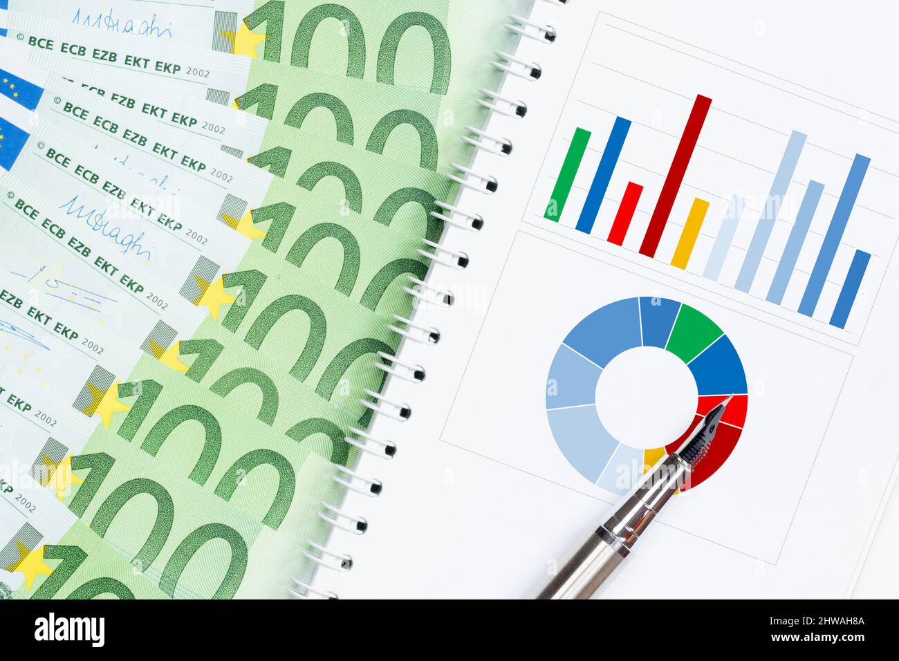Business-Präsentationskonzept mit bunten Charts und Euro-Banknoten Stockfoto