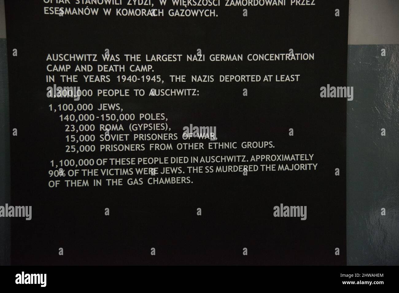 Tafel mit Informationen zu Häftlingen und Todesfällen während des Zweiten Weltkriegs in Auschwitz-Birkenau Stockfoto