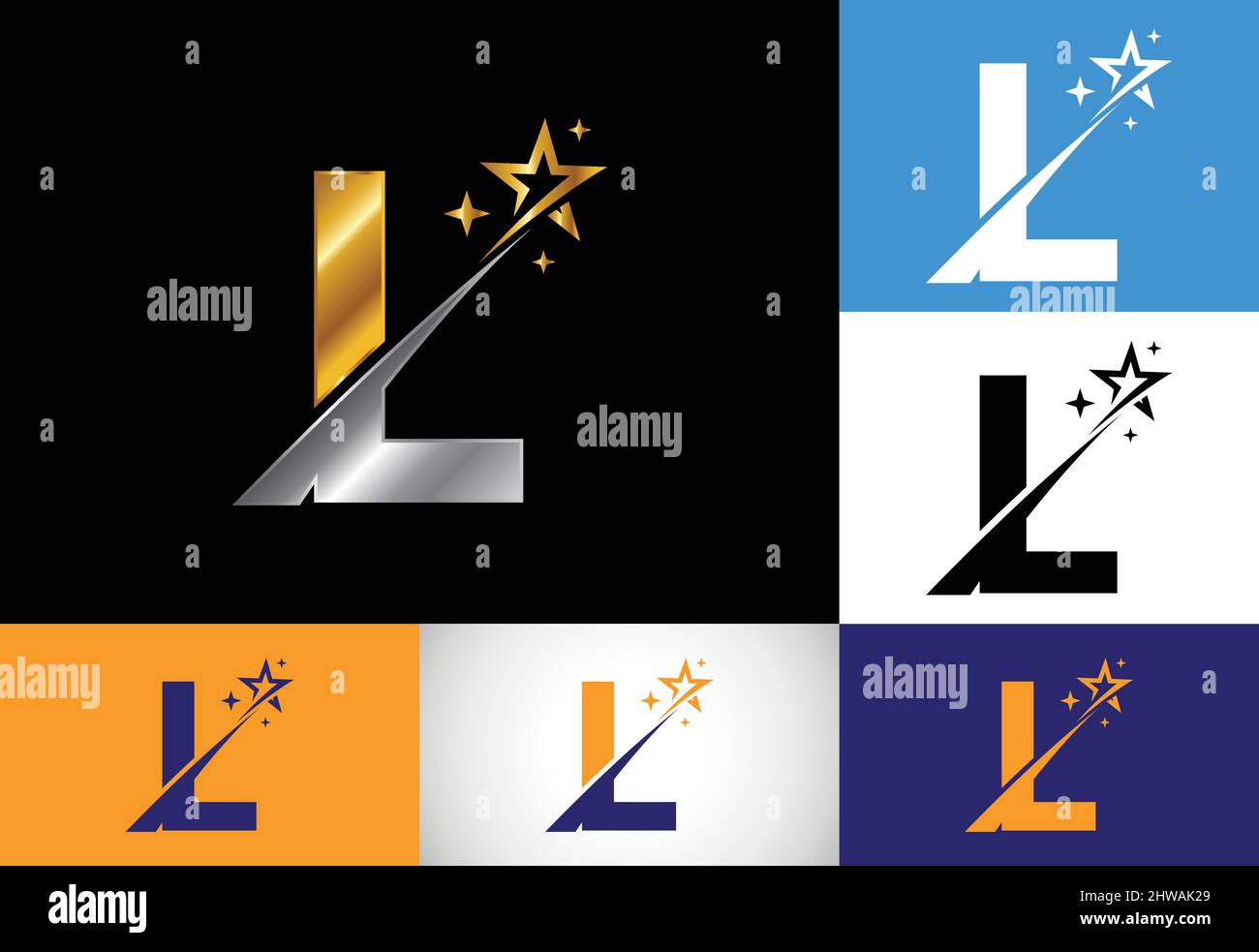 Initial L Monogramm Buchstaben Alphabet mit Swoosh und Stern-Logo-Symbol. Abstraktes Sternzeichen-Symbol-Design. Modernes Vektorlogo für Unternehmen und Unternehmen Stock Vektor