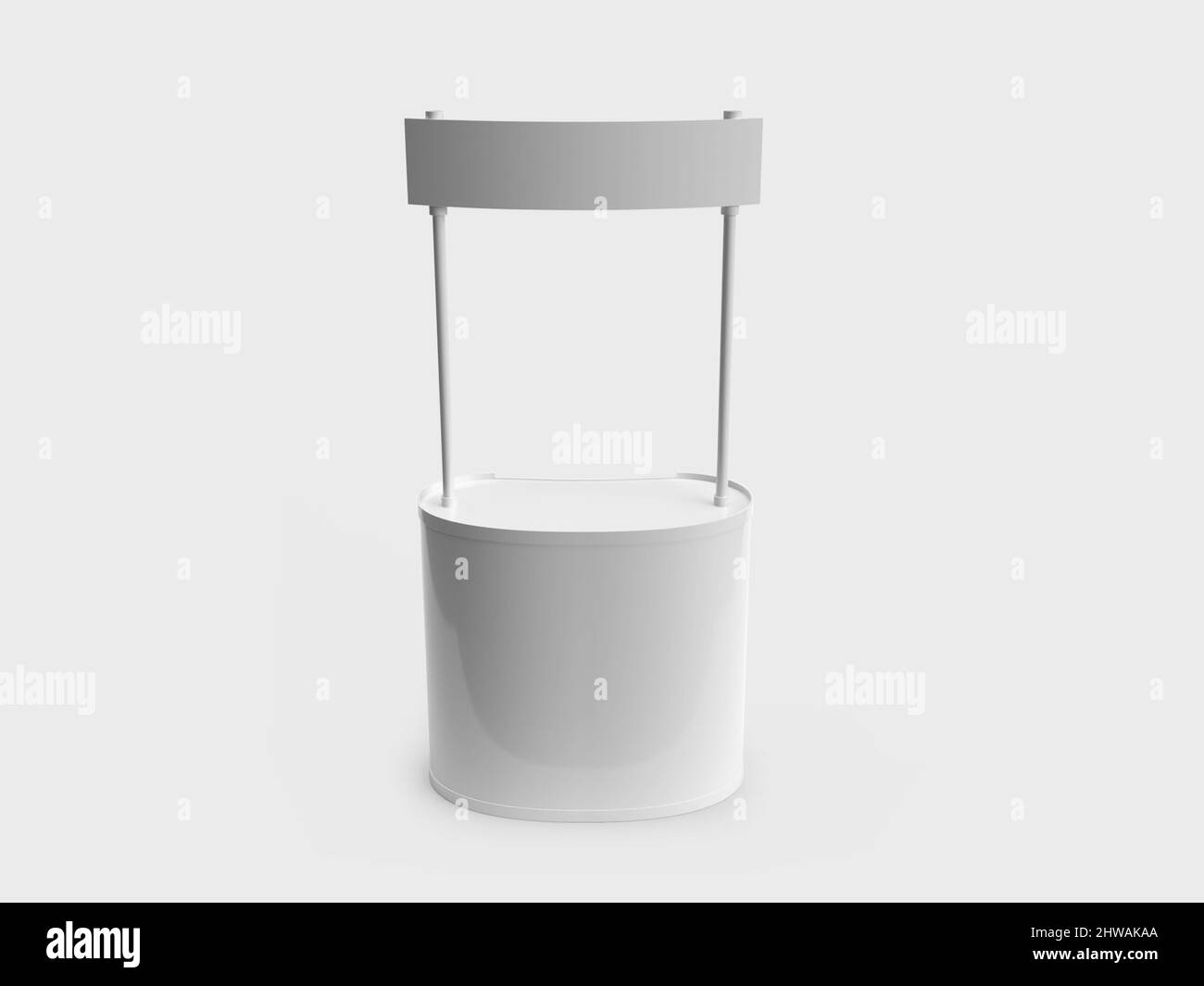 Event Desk Stand 3D Illustration Mockup Szene auf isoliertem Hintergrund Stockfoto