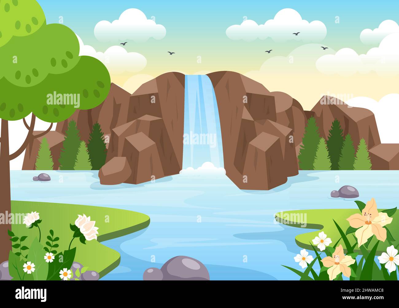 Wasserfall Dschungel Landschaft tropischer Naturlandschaft mit Kaskade von Felsen, Flussläufen oder Rocky Cliff in flachem Hintergrund Vektor-Illustration Stock Vektor