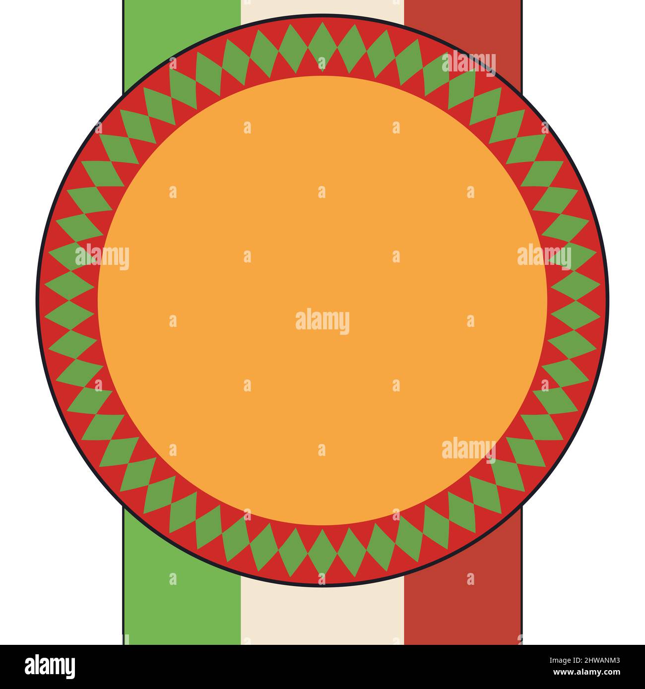 Schablone mit rundem Knopf, verziert mit Rhombus-Rahmen, über dreifarbigen Streifen, wie italienische Flagge. Stock Vektor