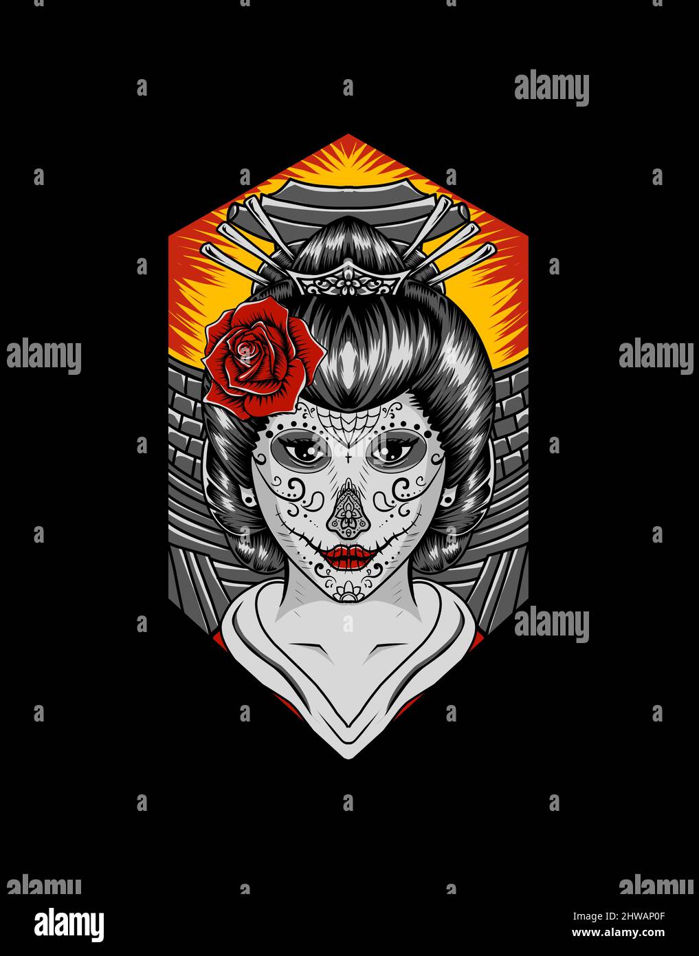 Illustration Vektor Geisha Frau mit maxican Schädel Stil Stock Vektor