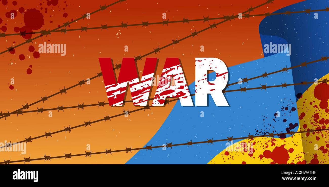 Horizontaler Hintergrund Krieg in der Ukraine. Ukraine Flagge Konzept mit Barb Wire Vektor Illustration. Stock Vektor