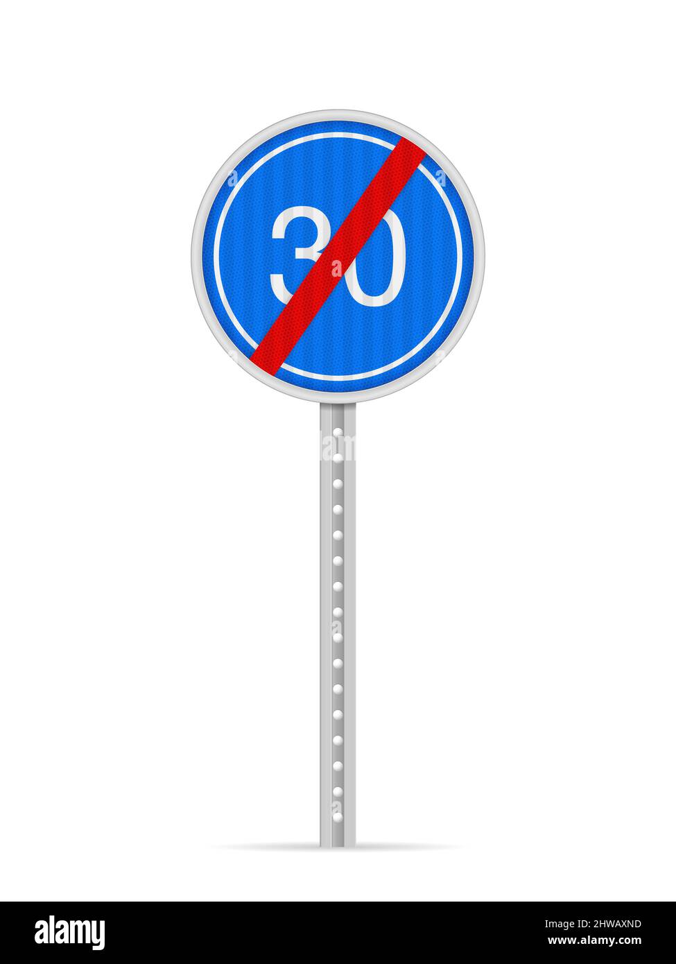 Ende des Straßenschilds mit minimaler Geschwindigkeit auf weißem Hintergrund. Vektorgrafik. Stockfoto