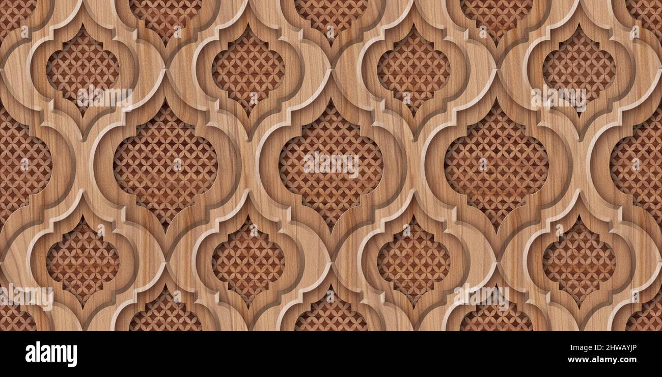 Nahtlose Holzschnitzerei Fliesen mit Islam, Arabisch, Indisch, Ottomane Motive. Majolika-Keramikfliesen. Einrichtung in Portugiesisch und Spanien. Keramikfliesen. Stockfoto