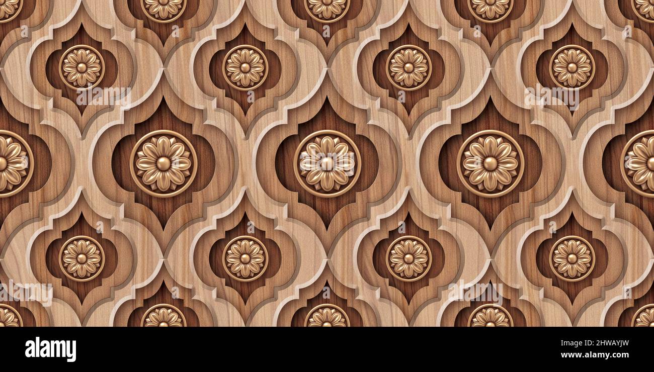 Nahtlose Holzschnitzerei Fliesen mit Islam, Arabisch, Indisch, Ottomane Motive. Majolika-Keramikfliesen. Einrichtung in Portugiesisch und Spanien. Keramikfliesen. Stockfoto