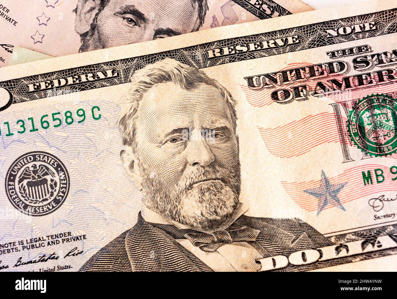 50-Dollar-Note. Präsident Grant Porträt Nahaufnahme. US-Geldkonzept. Hochwertige Fotos Stockfoto
