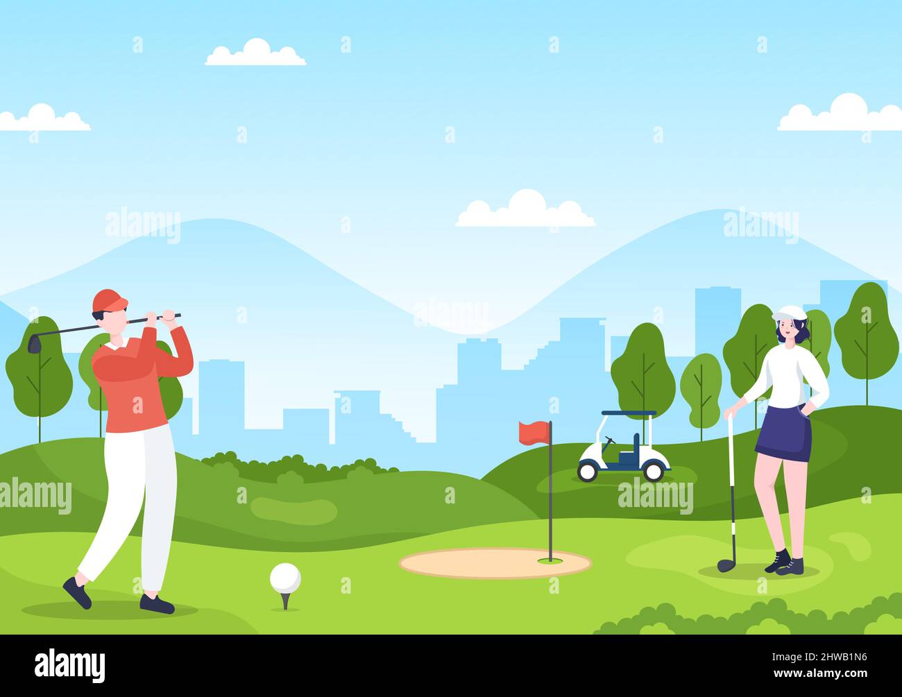 Spielen von Golfsport mit Flaggen, Sandboden, Sandbunker und Ausrüstung im Freien Hof Grünpflanzen in flachen Cartoon Hintergrund Illustration Stock Vektor