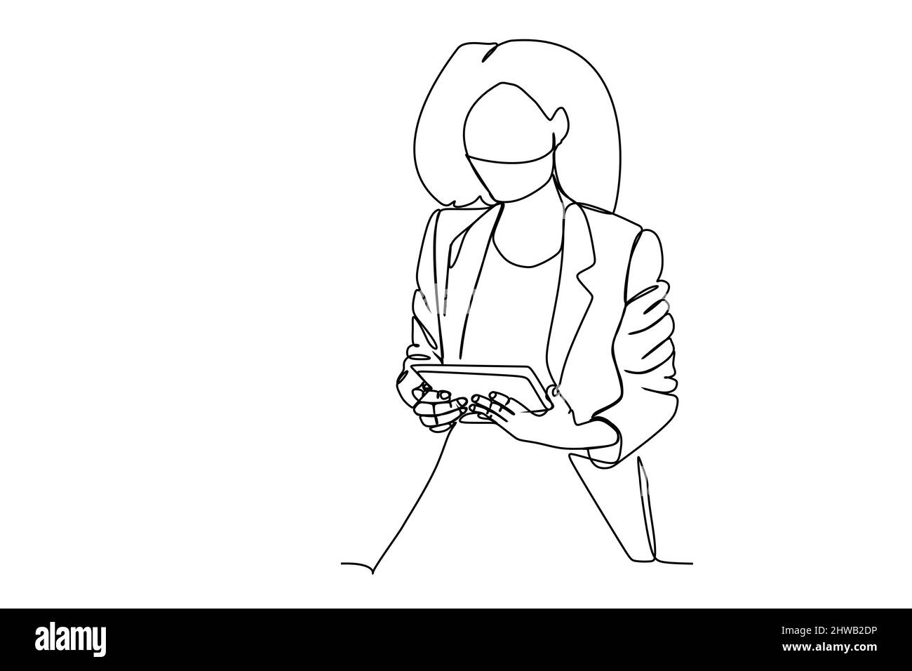 Eine fortlaufende, einzeilige Zeichnung einer Geschäftsfrau, die den Tablet-Computer betrachtet. Handgezeichnete Linienzeichnung für Technologie und Geschäftsmodell und Kontra Stock Vektor