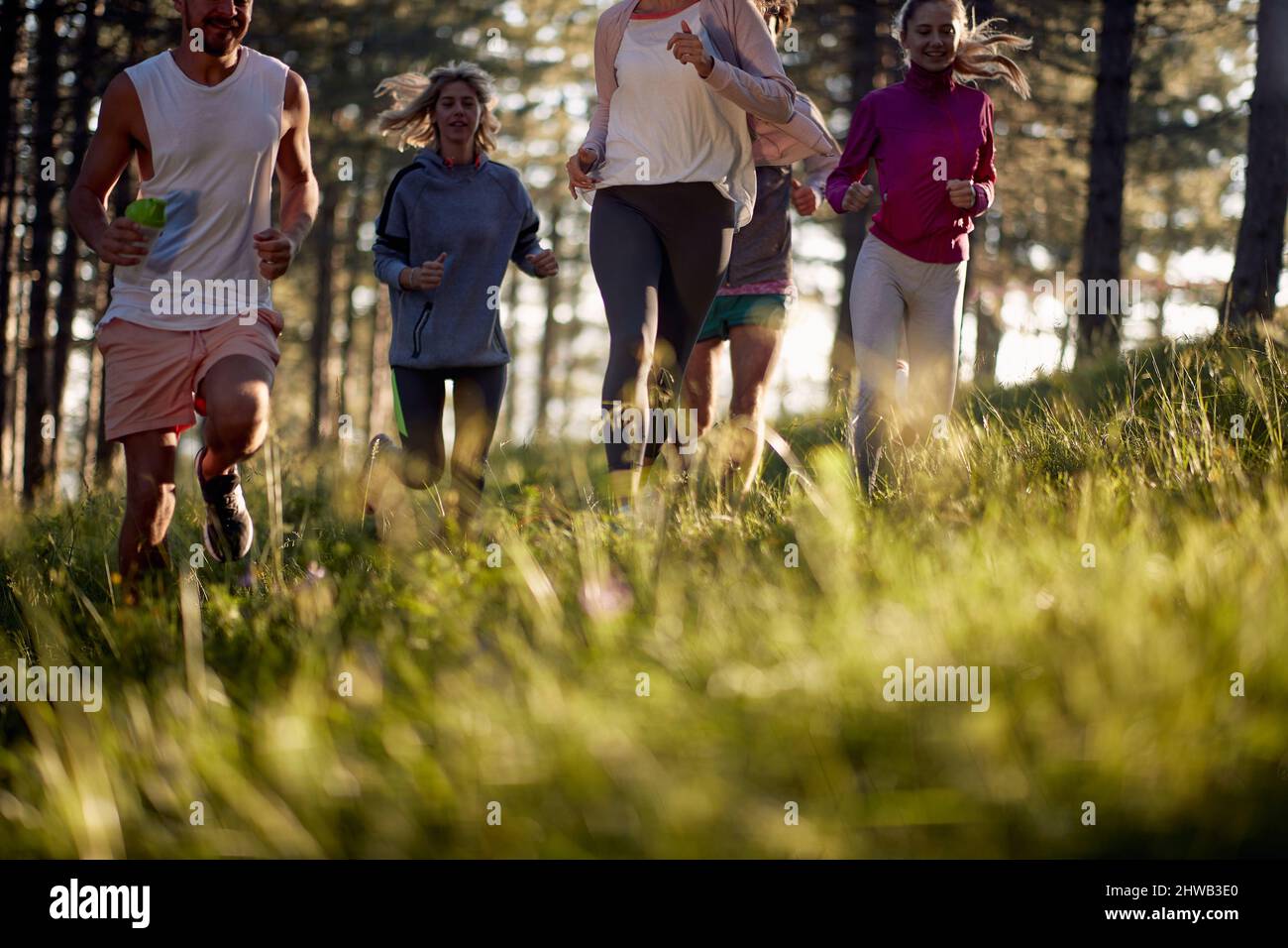 Eine Gruppe sportlicher Freunde, die an einem sonnigen Tag im Wald laufen. Sport, Laufen, Berg, Marathon Konzept. Stockfoto