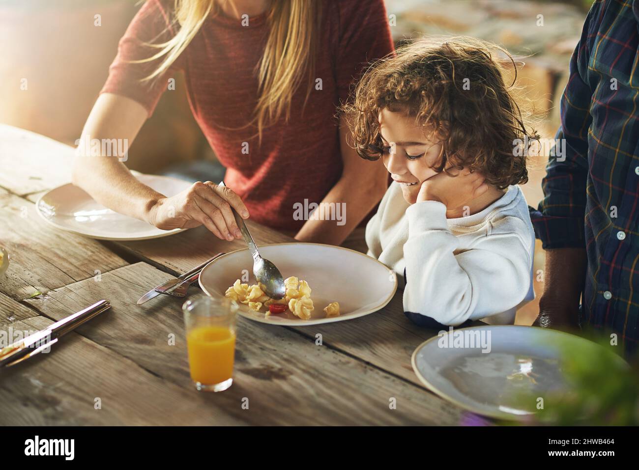 Er braucht seine Mutter, um ihn zu ernähren. Aufnahme einer Familie aus dem hohen Winkel zum gemeinsamen Mittagessen im Freien. Stockfoto