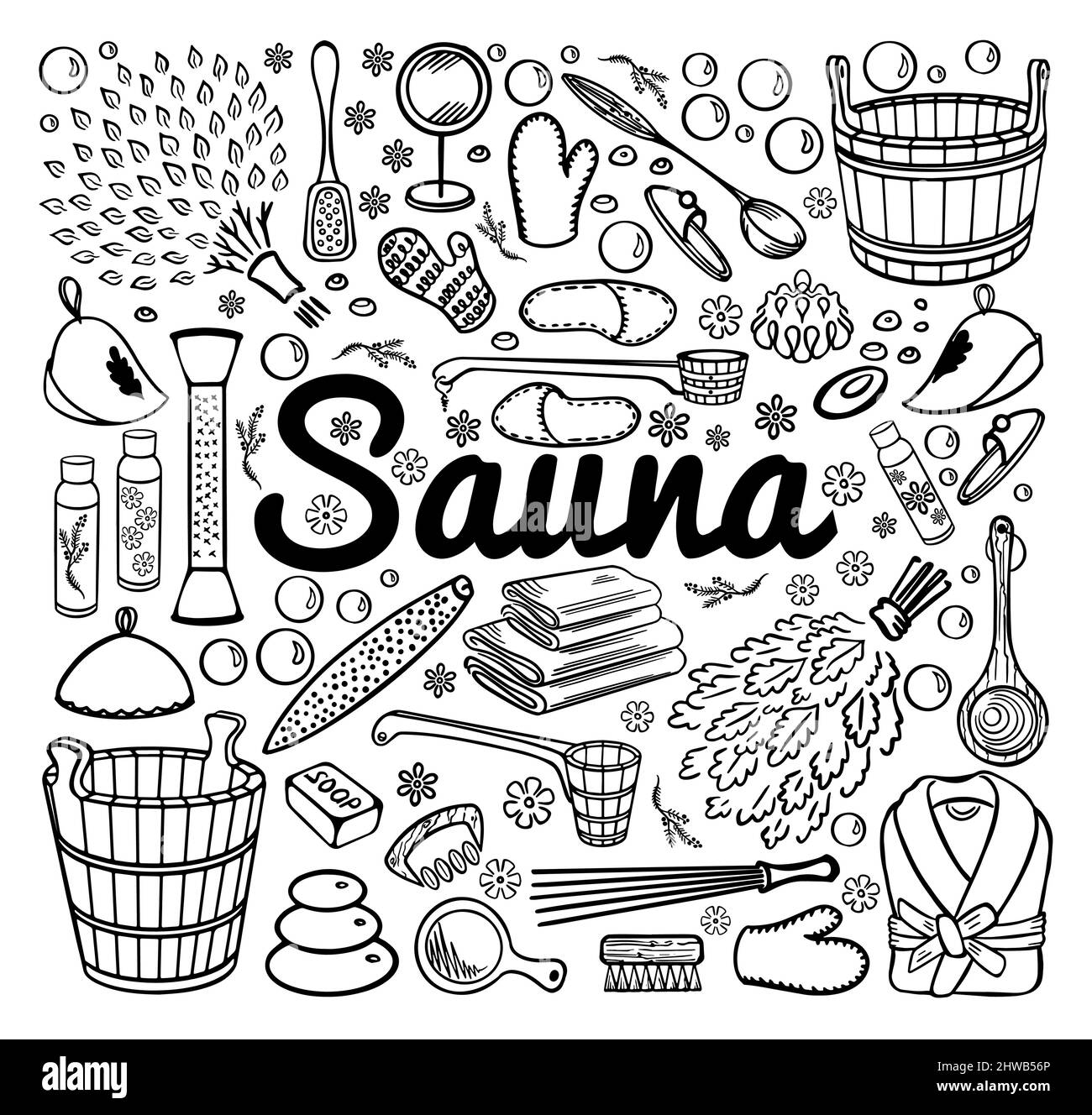 Zubehör für Sauna, Spa und Badehaus. Skizze der Elemente im Dudul-Stil. Für Design Banner Plakate der Entspannung und Sauberkeit. Isoliert auf einer weißen BA Stock Vektor